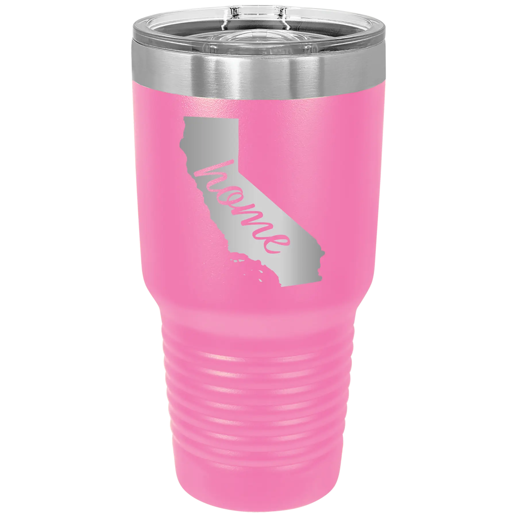 Laser etched pink 30 oz vacuum insulated tumbler with 'California Home' design