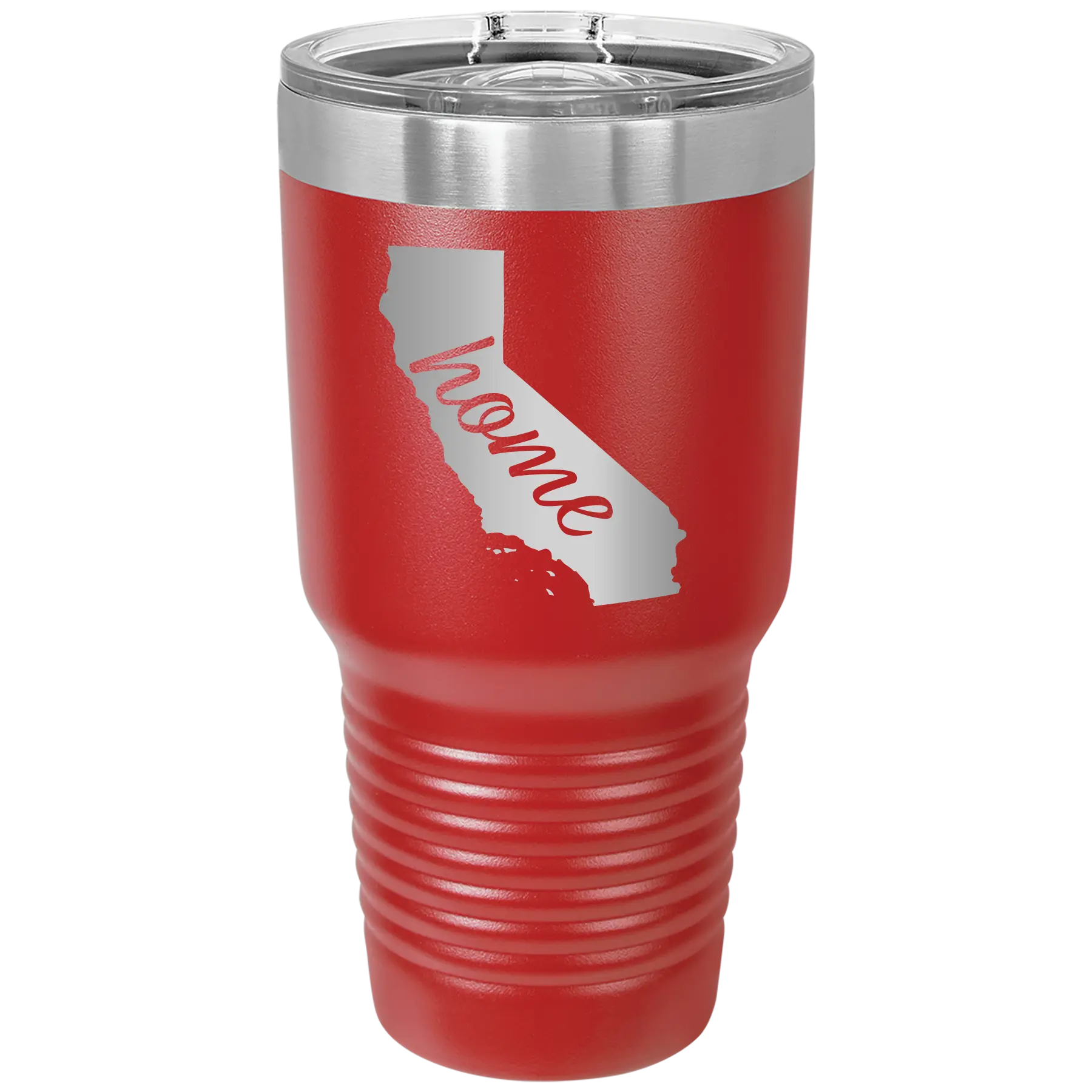 Laser etched red 30 oz vacuum insulated tumbler with 'California Home' design