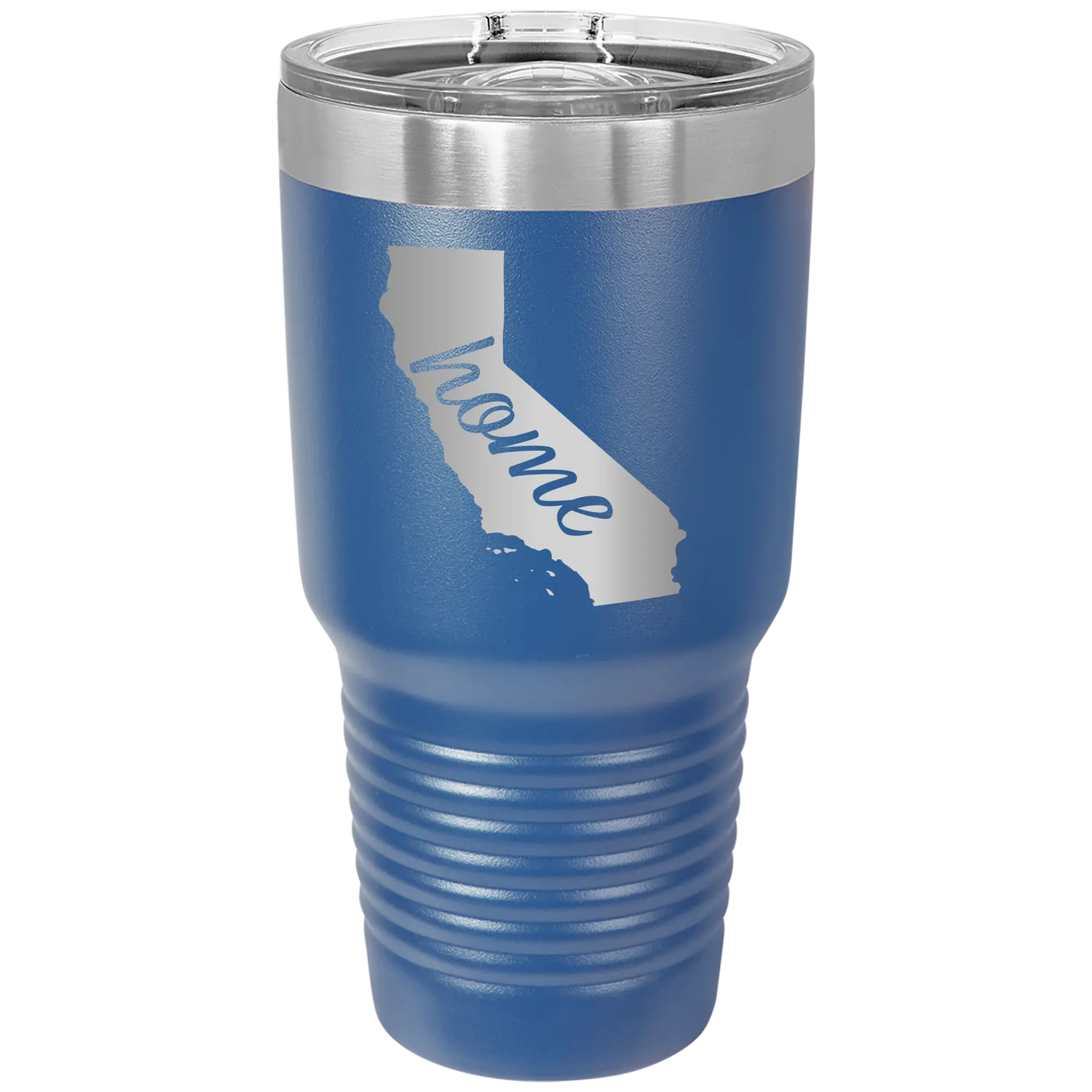 Laser etched royal blue 30 oz vacuum insulated tumbler with 'California Home' design