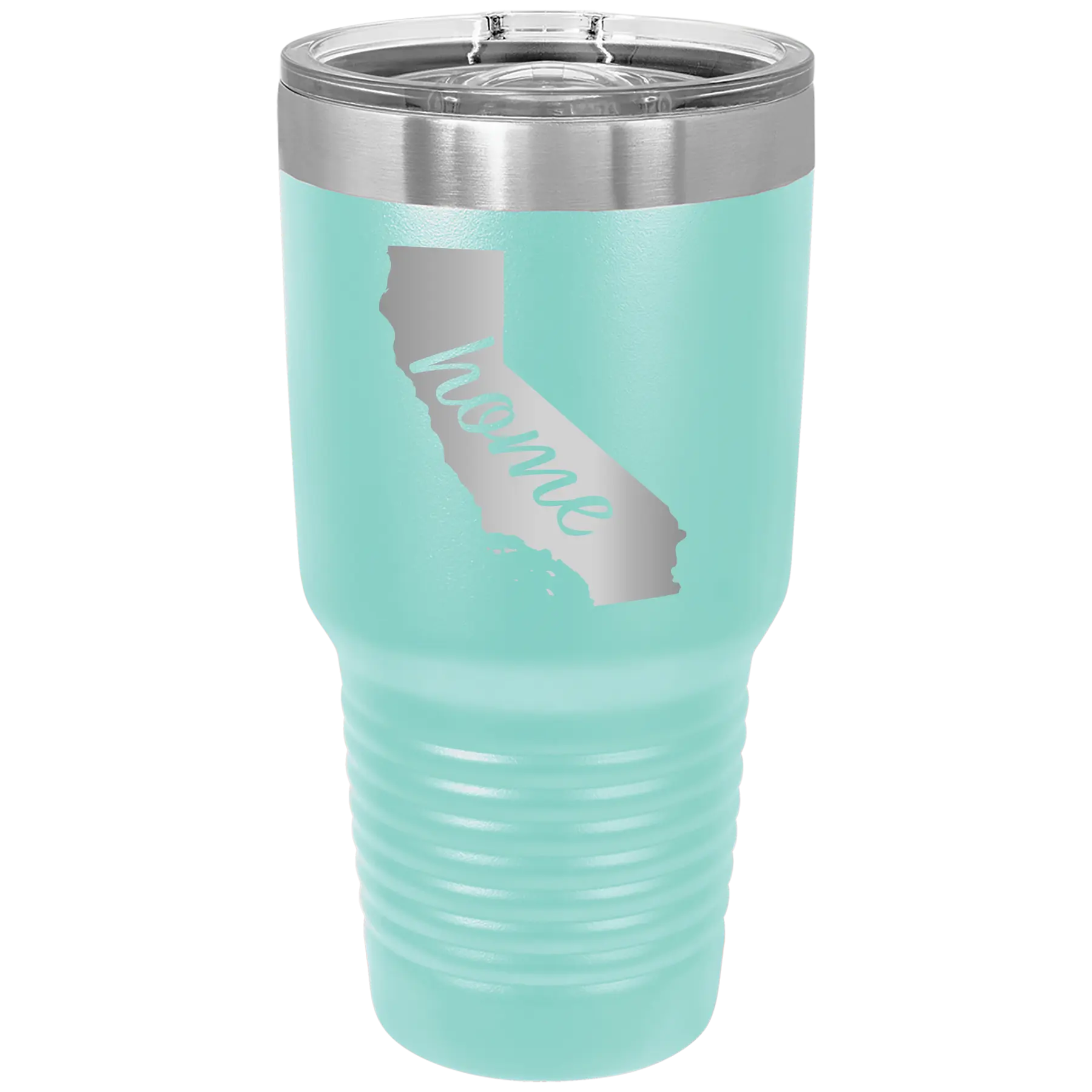 Laser etched teal 30 oz vacuum insulated tumbler with 'California Home' design