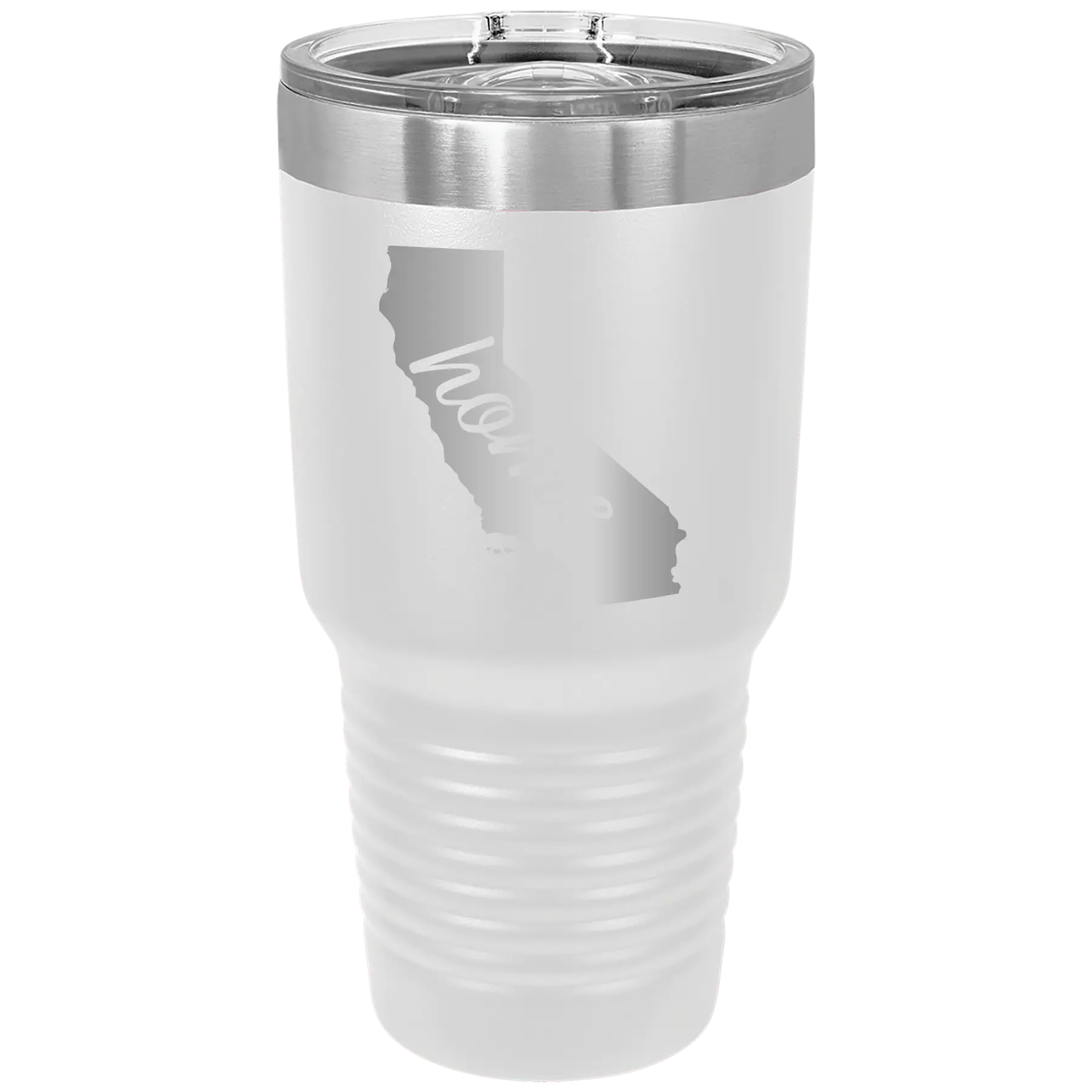 Laser etched white 30 oz vacuum insulated tumbler with 'California Home' design