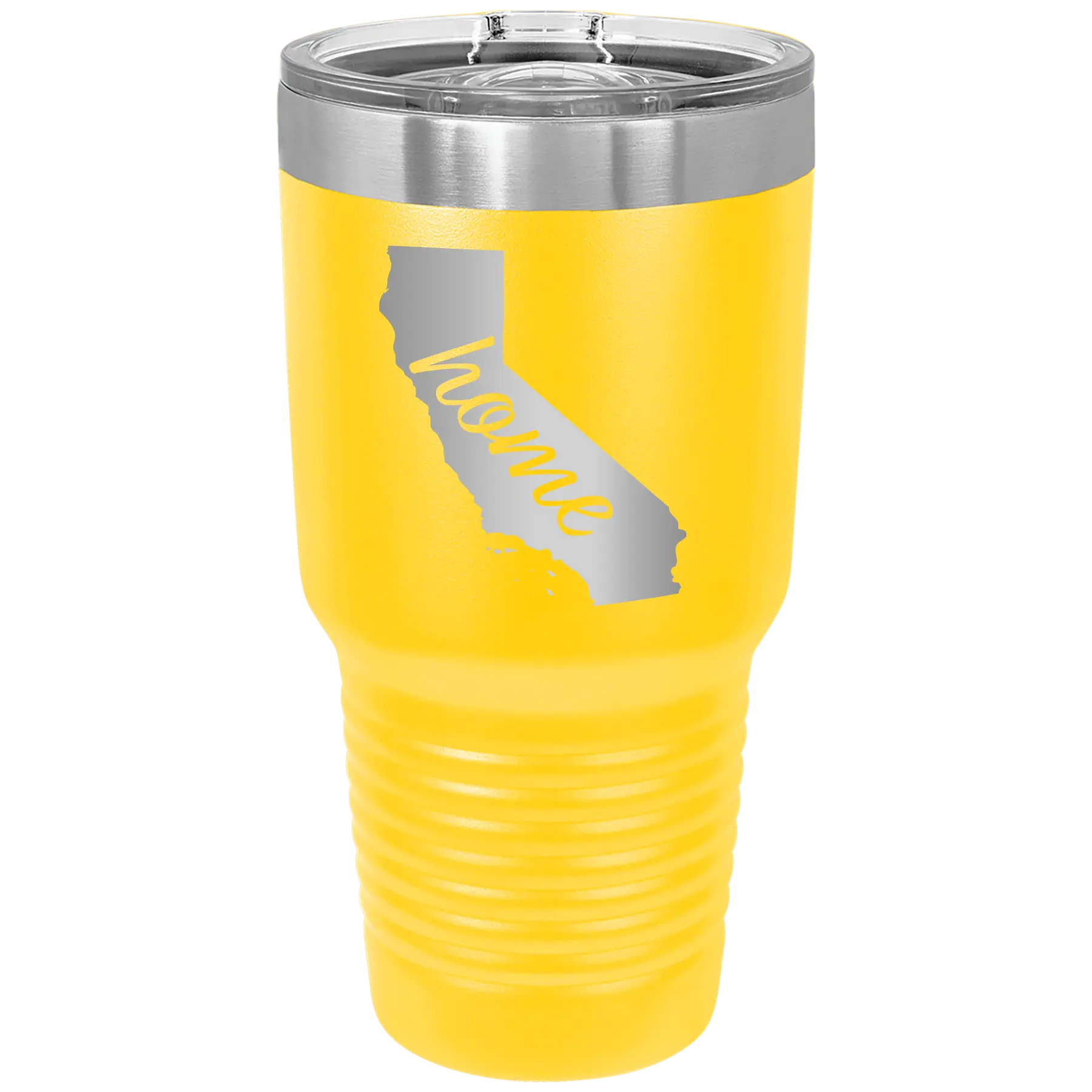 Laser etched yellow 30 oz vacuum insulated tumbler with 'California Home' design