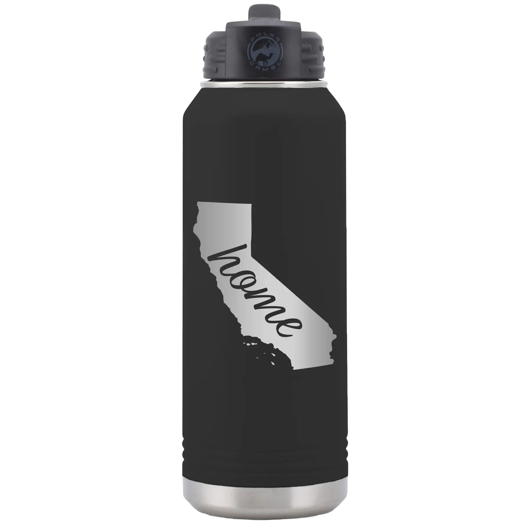Laser etched black 32 oz vacuum insulated water bottle with 'California Home' design