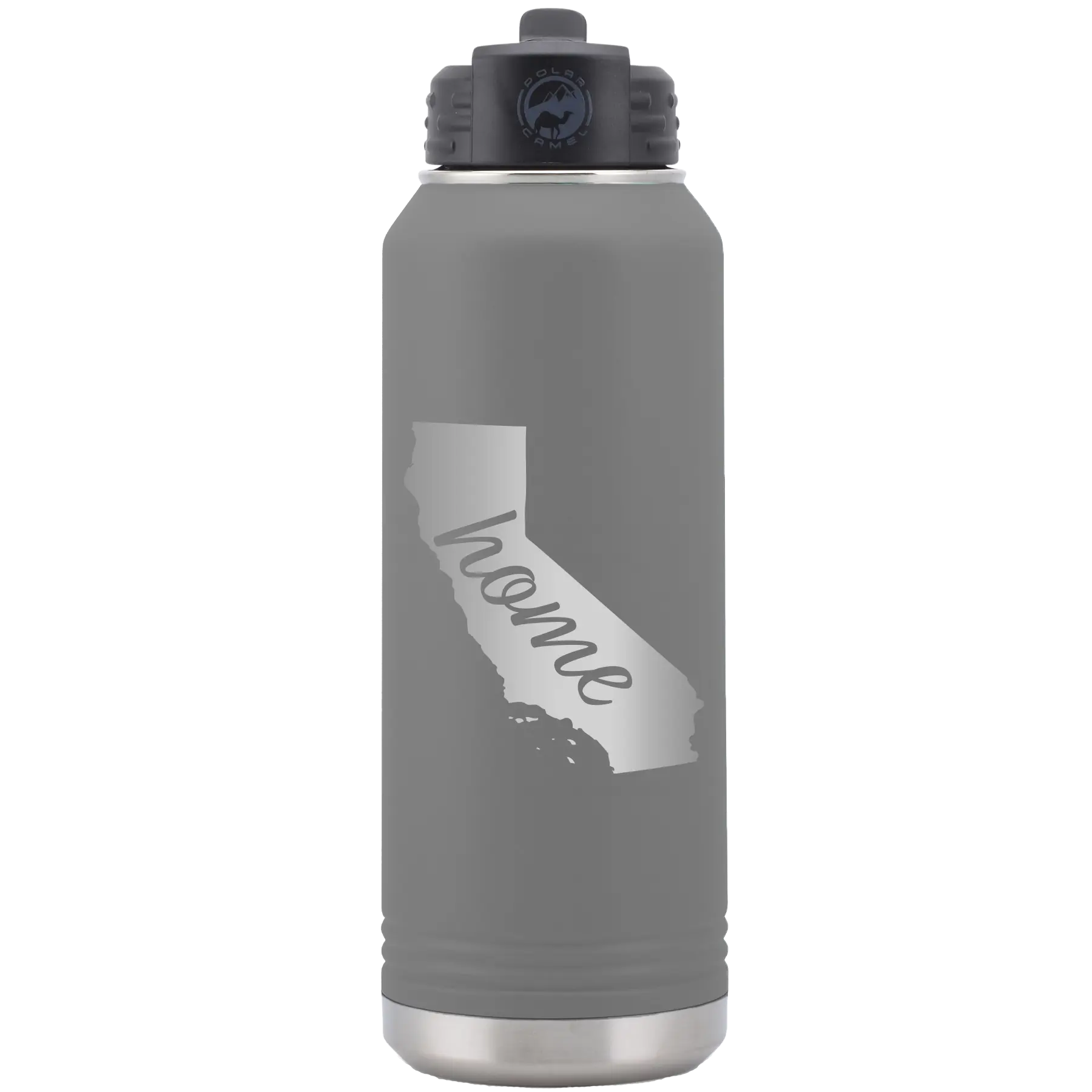 Laser etched dark gray 32 oz vacuum insulated water bottle with 'California Home' design