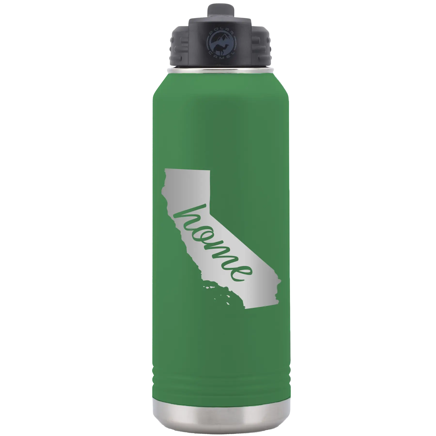 Laser etched green 32 oz vacuum insulated water bottle with 'California Home' design