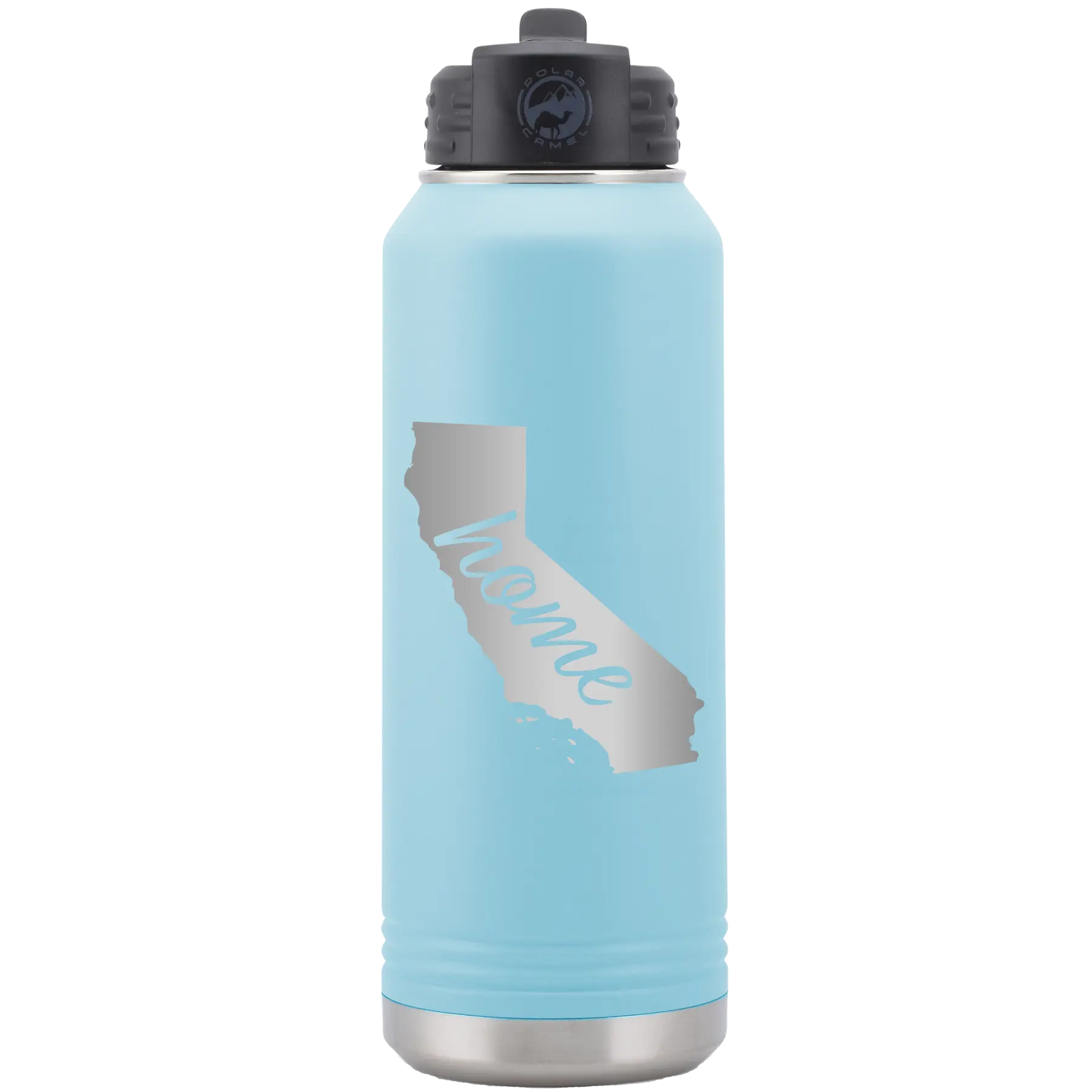 Laser etched light blue 32 oz vacuum insulated water bottle with 'California Home' design