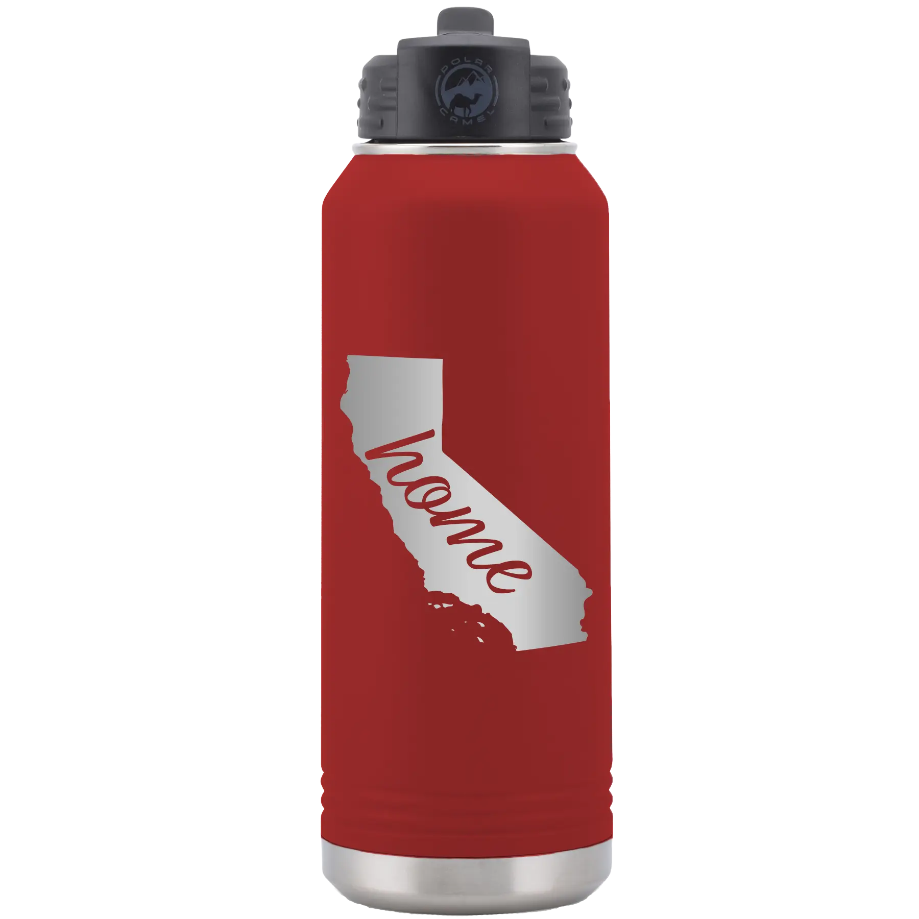 Laser etched maroon 32 oz vacuum insulated water bottle with 'California Home' design