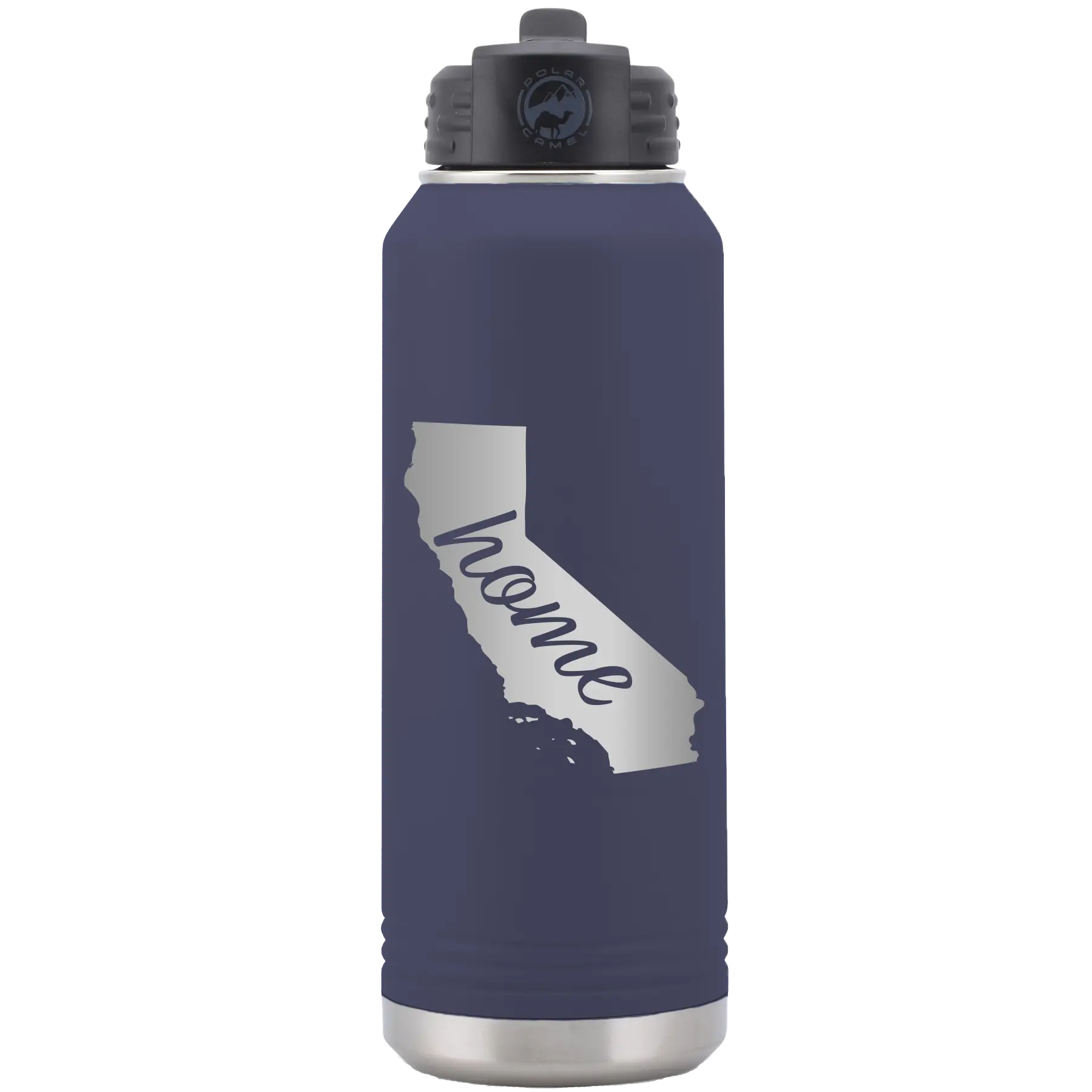Laser etched navy 32 oz vacuum insulated water bottle with 'California Home' design