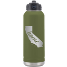 Laser etched olive green 32 oz vacuum insulated water bottle with 'California Home' design