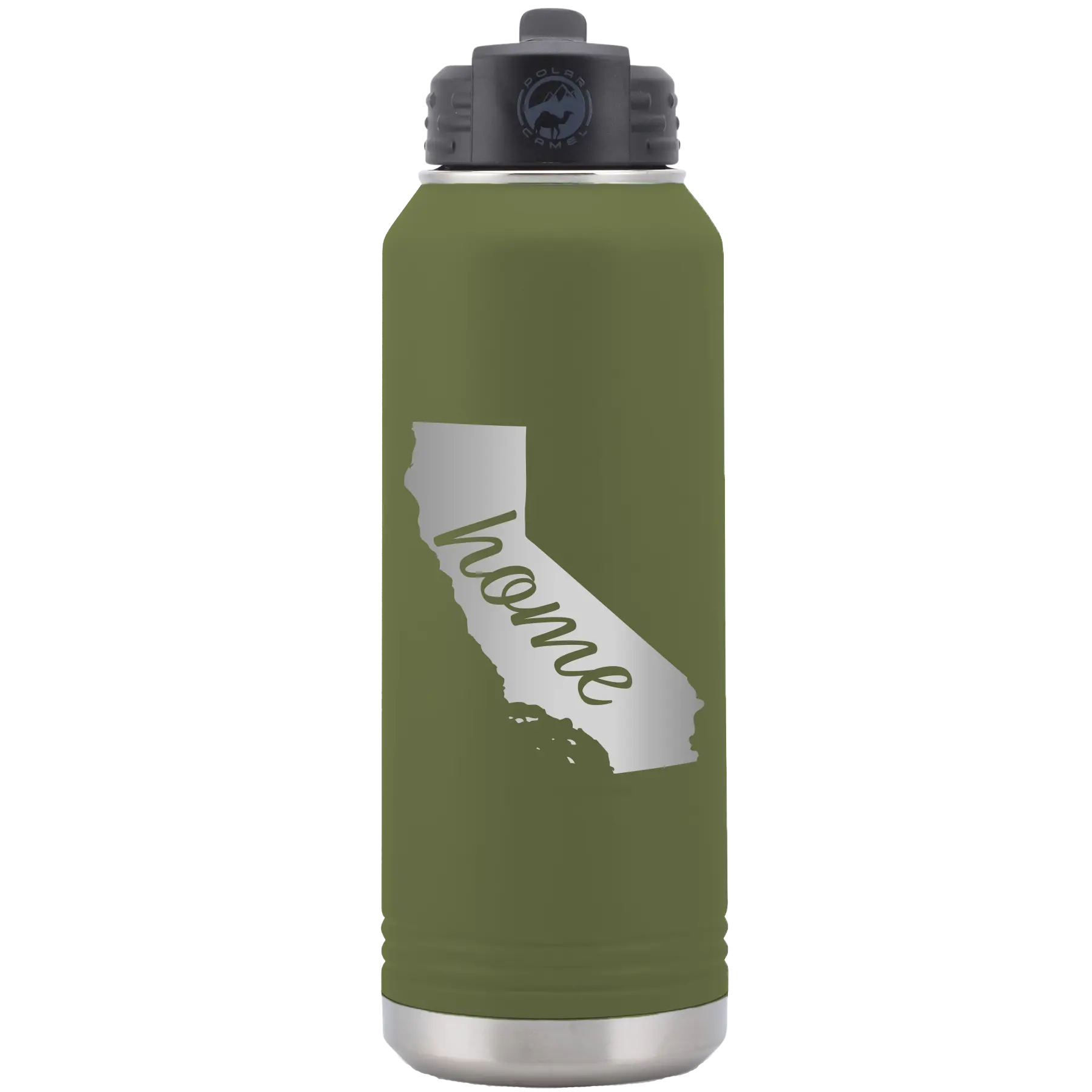 Laser etched olive green 32 oz vacuum insulated water bottle with 'California Home' design