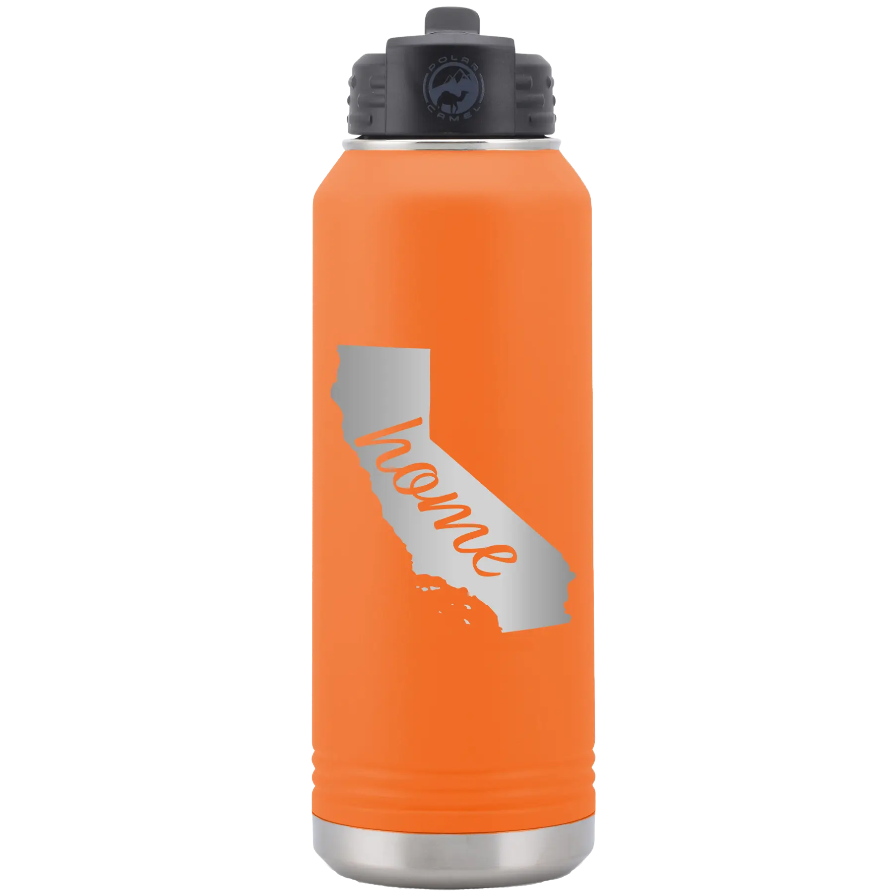 Laser etched orange 32 oz vacuum insulated water bottle with 'California Home' design