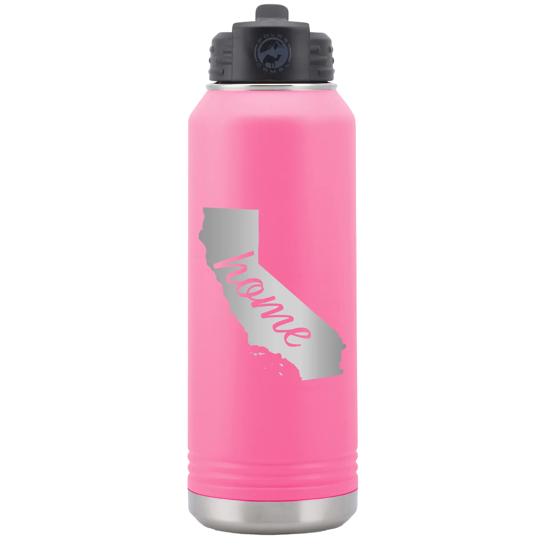 Laser etched pink 32 oz vacuum insulated water bottle with 'California Home' design