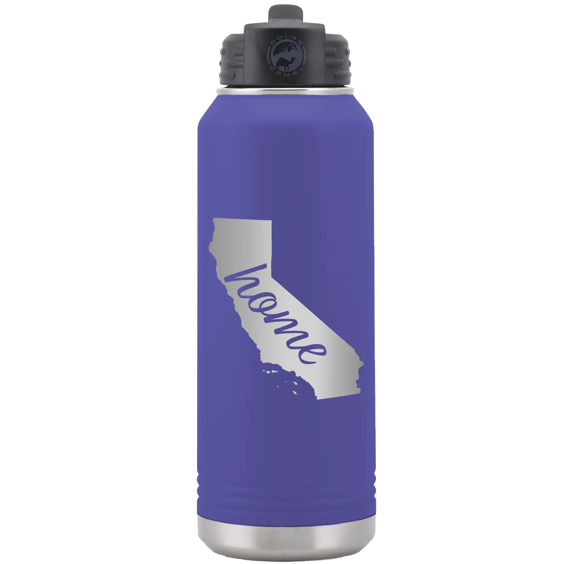 Laser etched purple 32 oz vacuum insulated water bottle with 'California Home' design