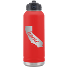 Laser etched red 32 oz vacuum insulated water bottle with 'California Home' design