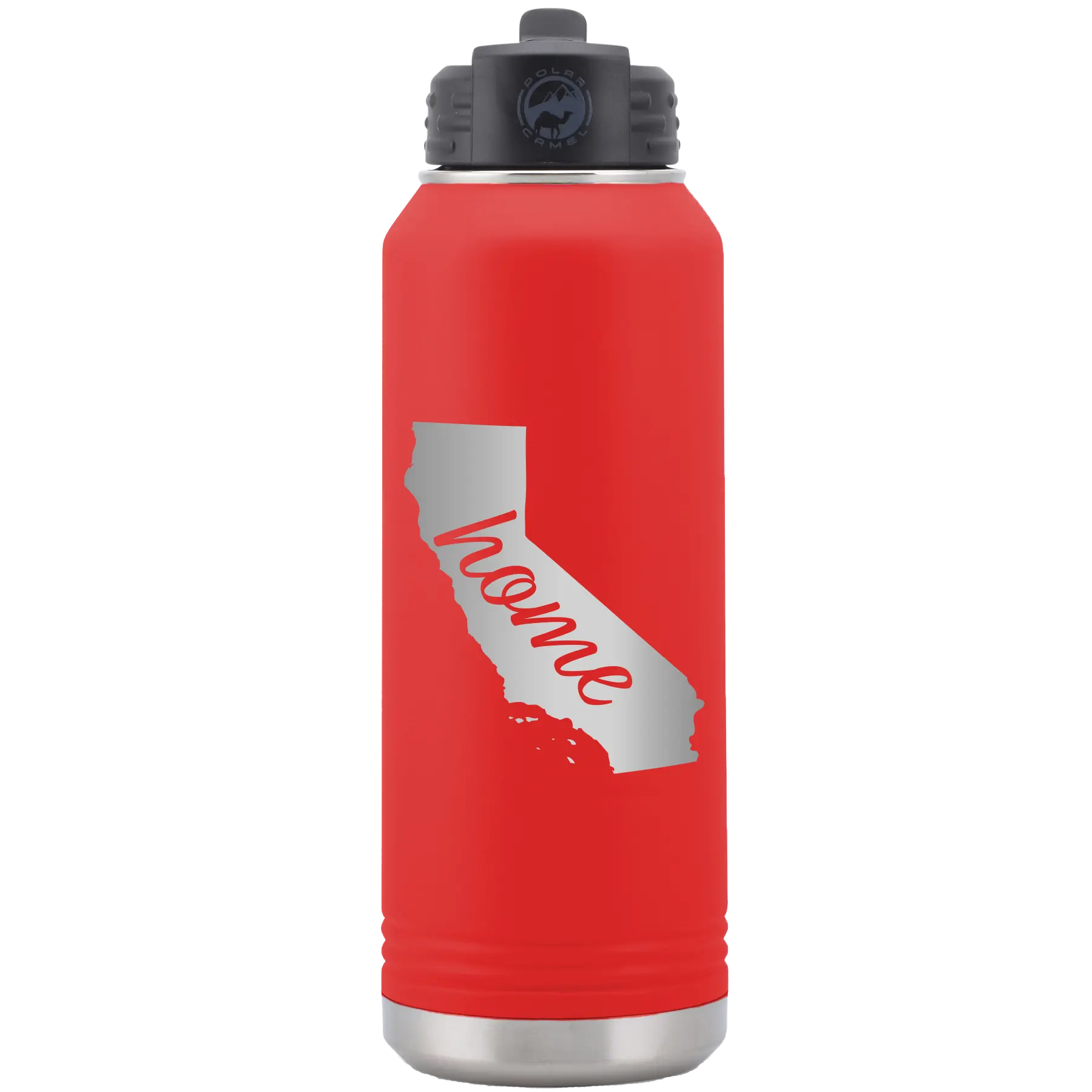 Laser etched red 32 oz vacuum insulated water bottle with 'California Home' design