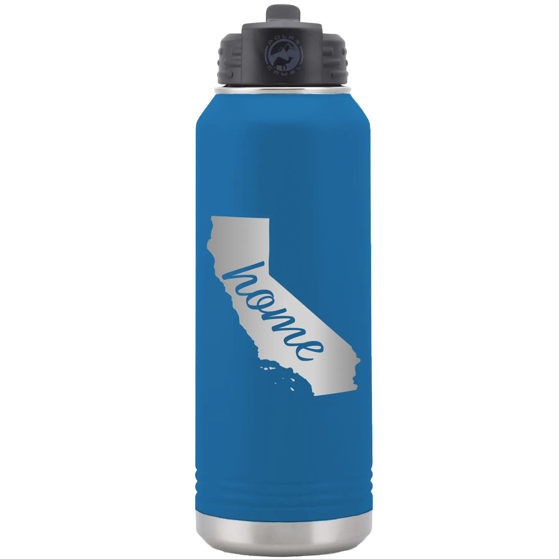 Laser etched royal blue 32 oz vacuum insulated water bottle with 'California Home' design