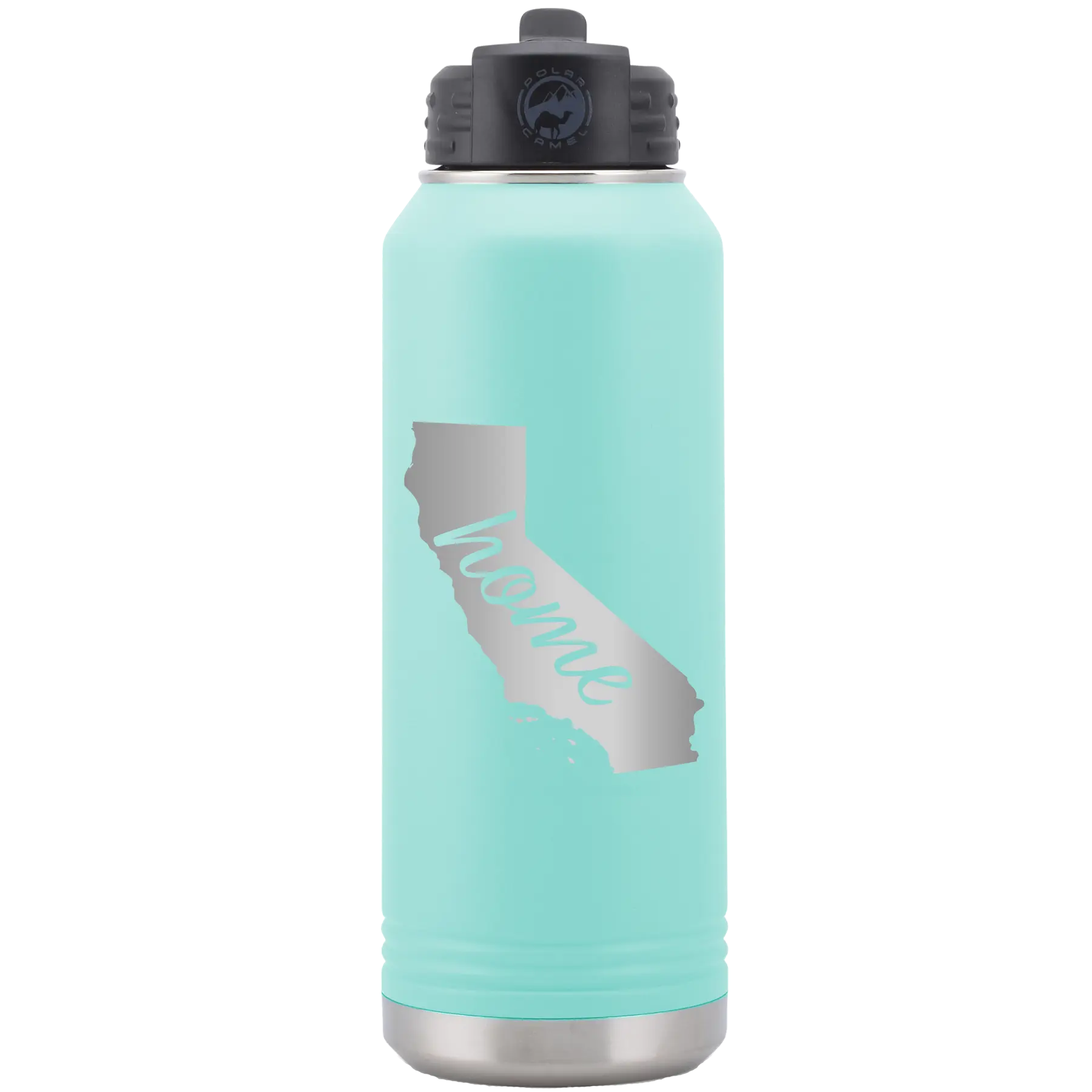 Laser etched teal 32 oz vacuum insulated water bottle with 'California Home' design