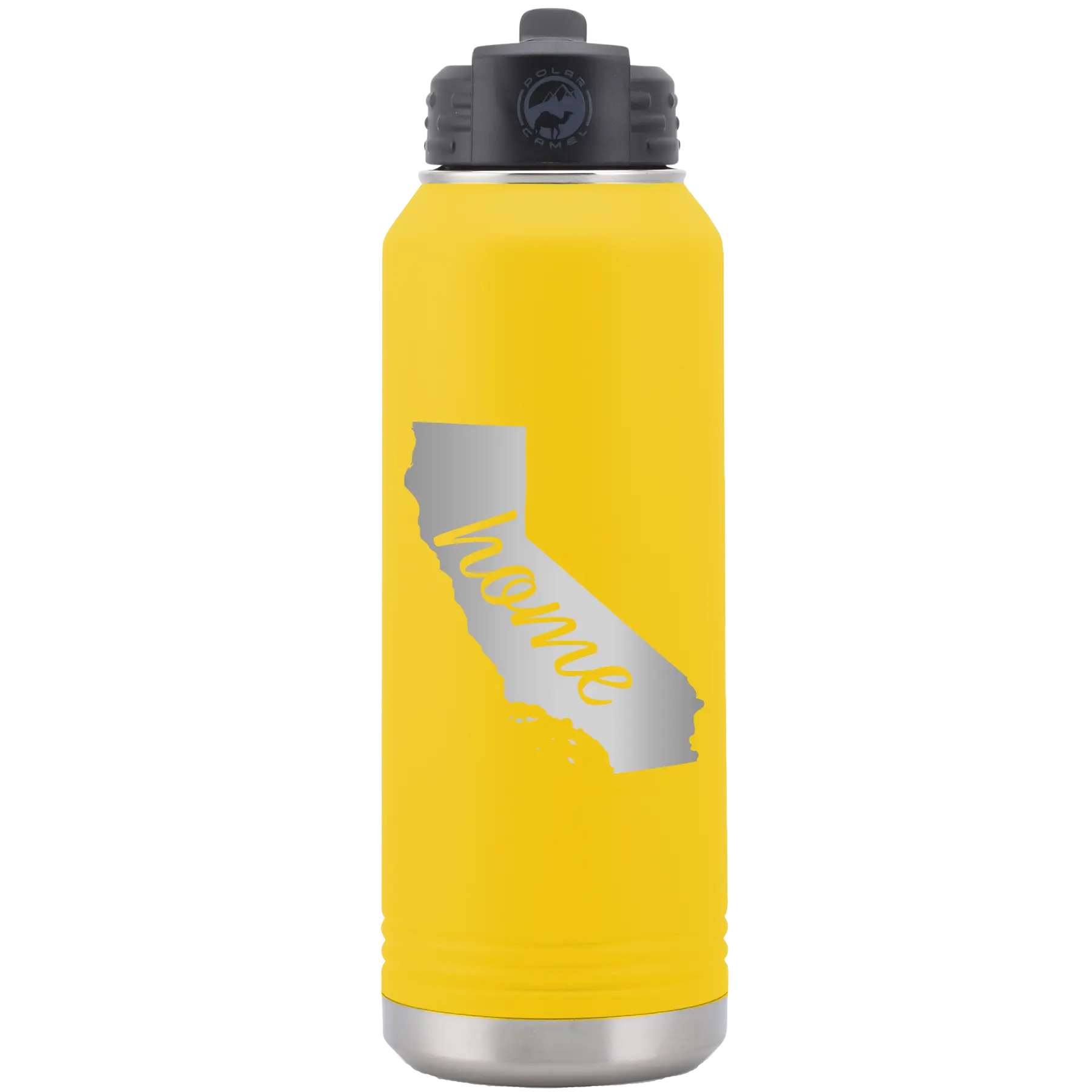 Laser etched yellow 32 oz vacuum insulated water bottle with 'California Home' design