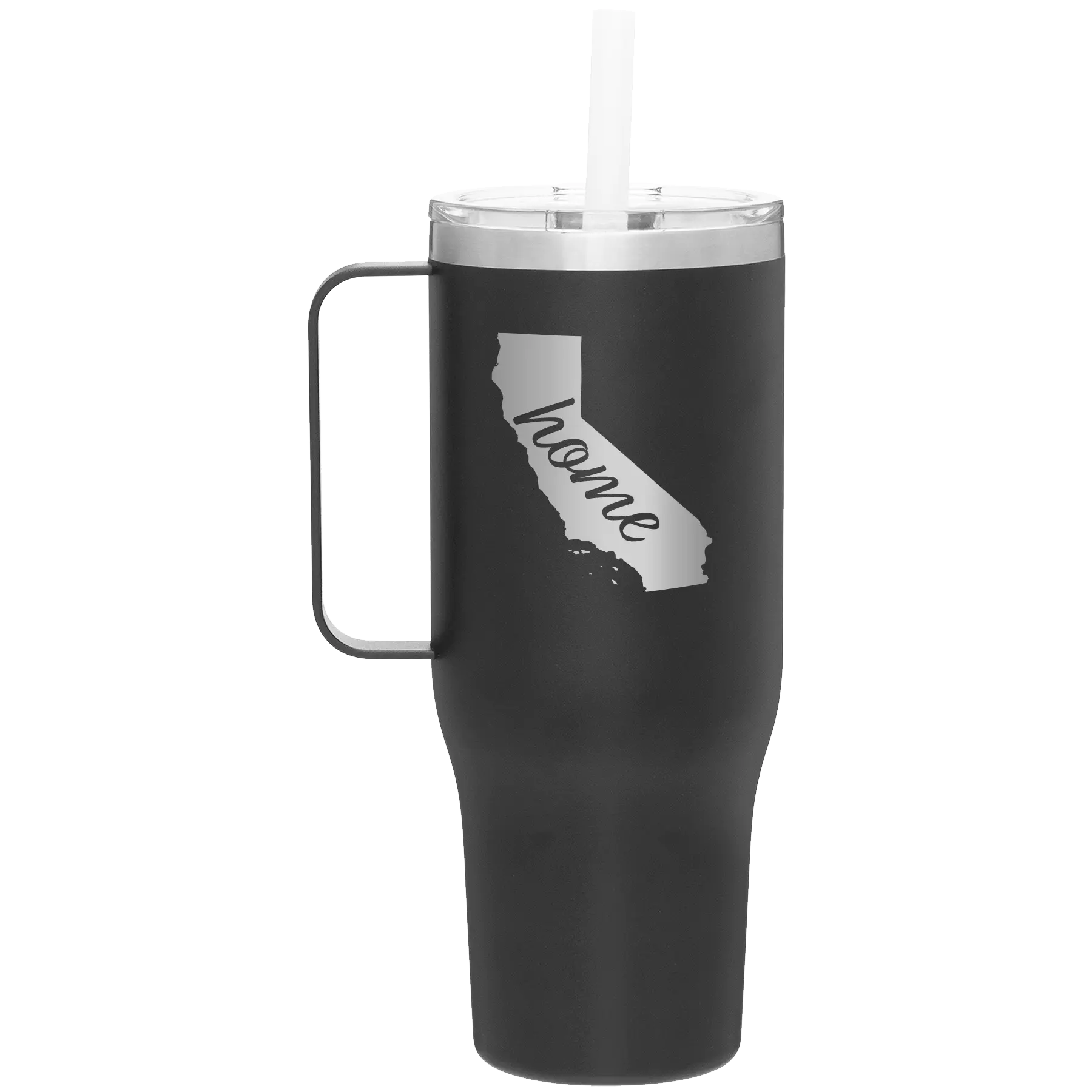 Laser etched black 40 oz vacuum insulated tumbler mug with 'California Home' design