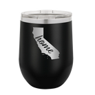 Laser etched black 12 oz vacuum insulated wine cup with 'California Home' design