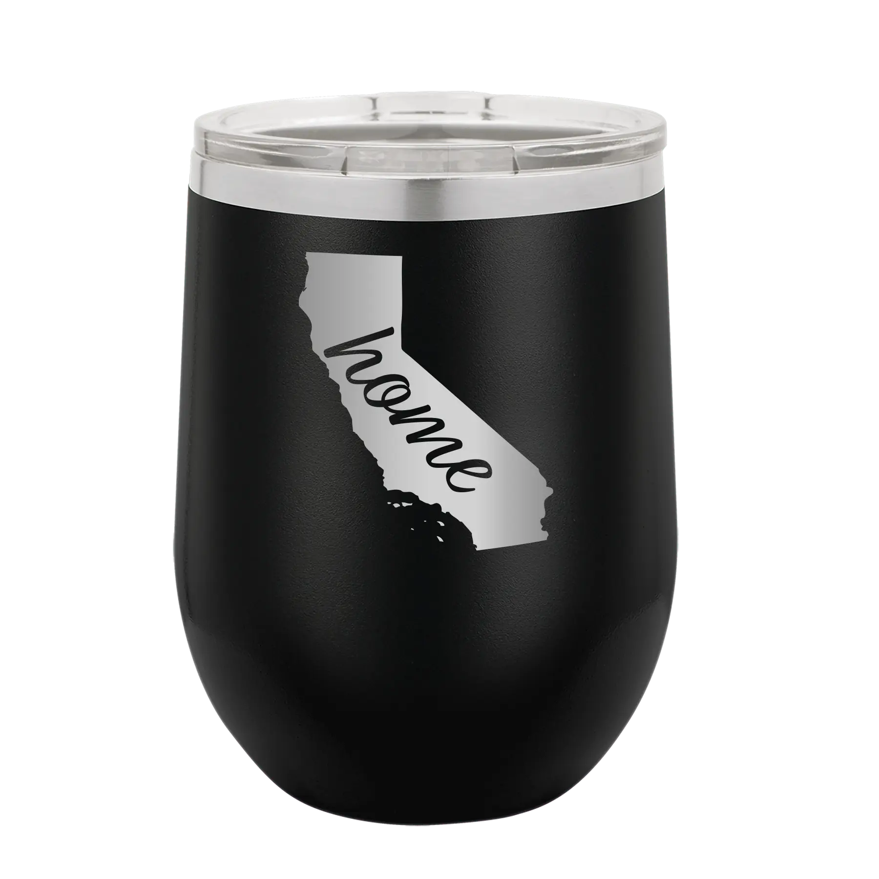 Laser etched black 12 oz vacuum insulated wine cup with 'California Home' design