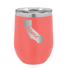 Laser etched coral 12 oz vacuum insulated wine cup with 'California Home' design