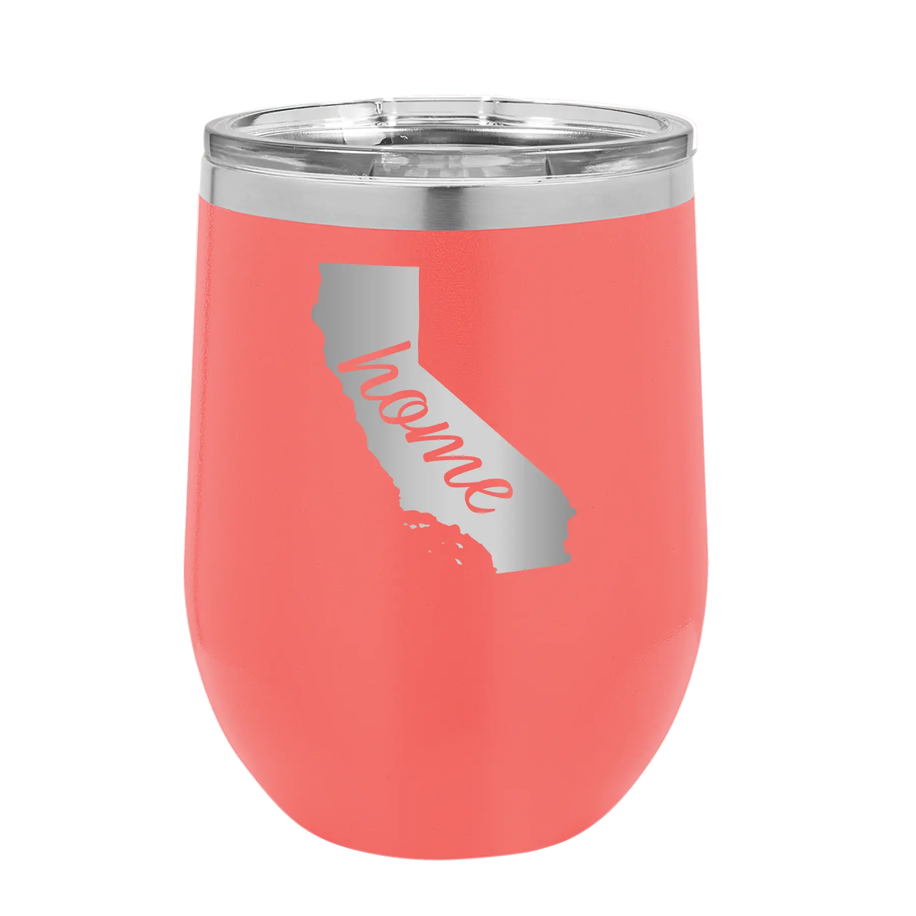 Laser etched coral 12 oz vacuum insulated wine cup with 'California Home' design