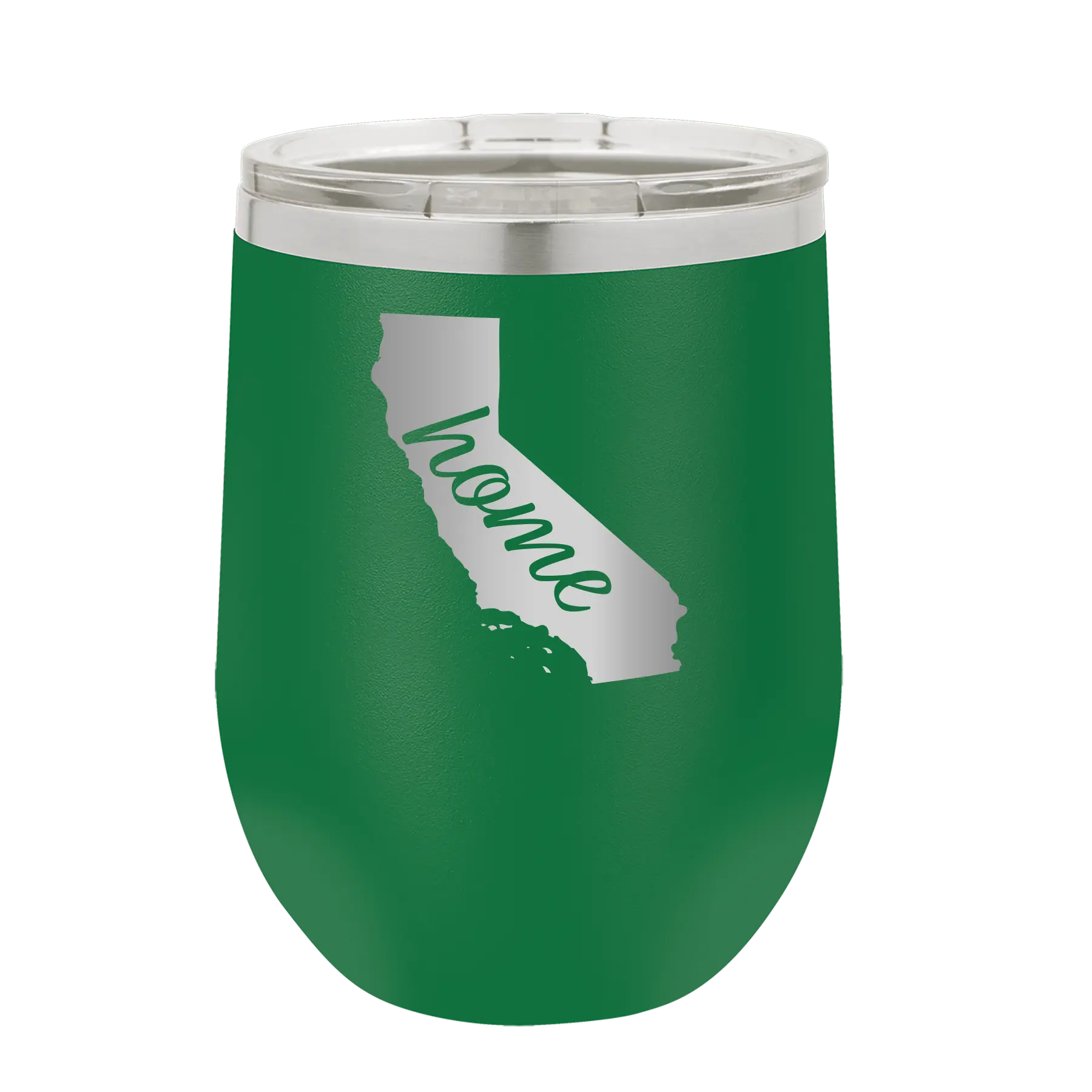 Laser etched green 12 oz vacuum insulated wine cup with 'California Home' design