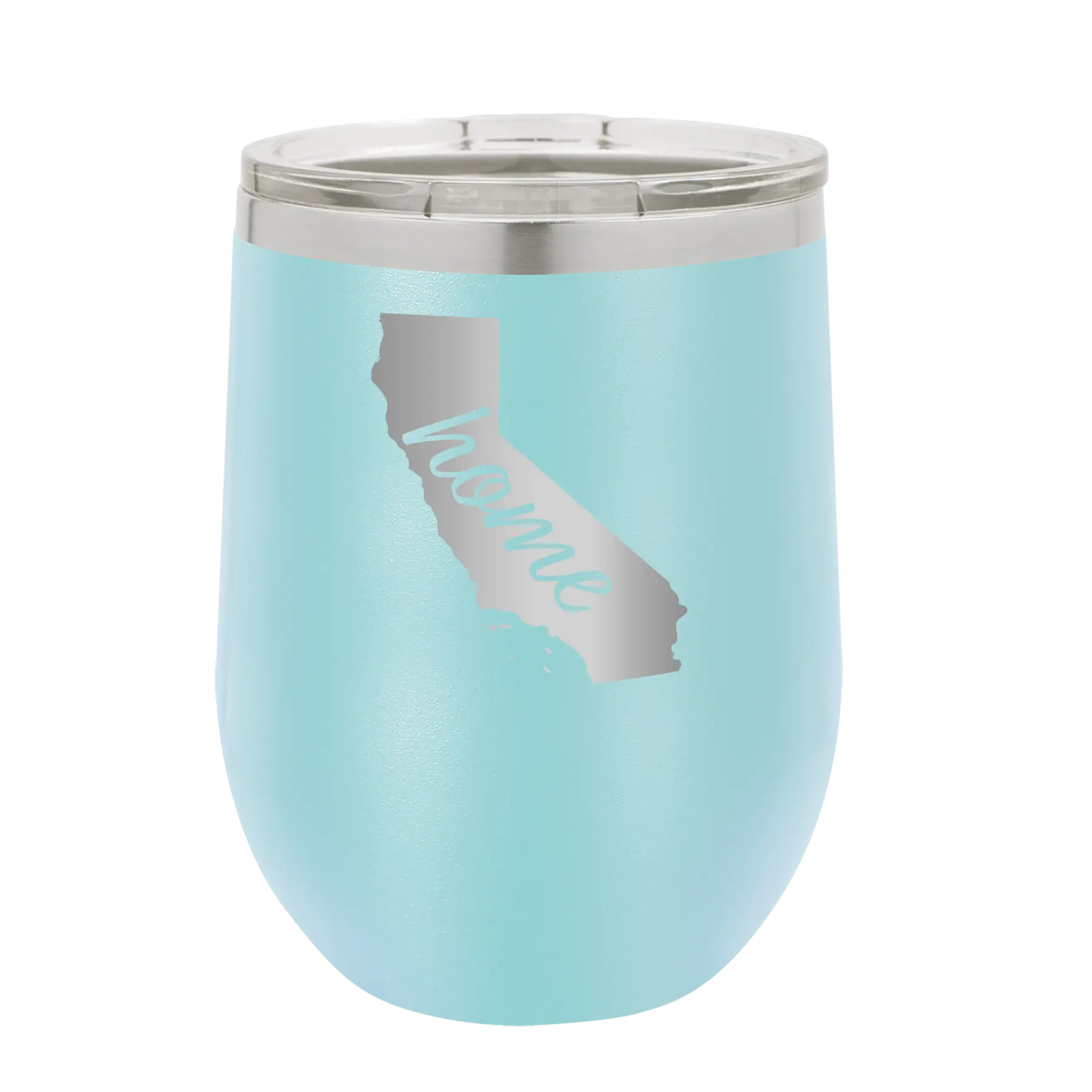 Laser etched light blue 12 oz vacuum insulated wine cup with 'California Home' design