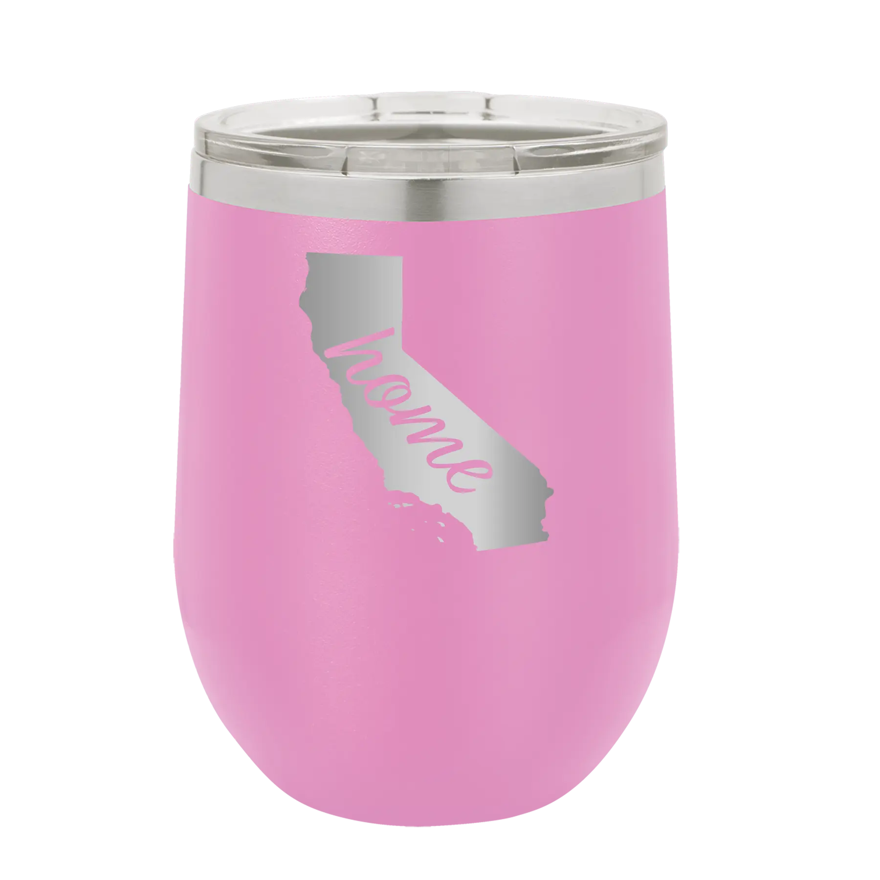 Laser etched light purple 12 oz vacuum insulated wine cup with 'California Home' design