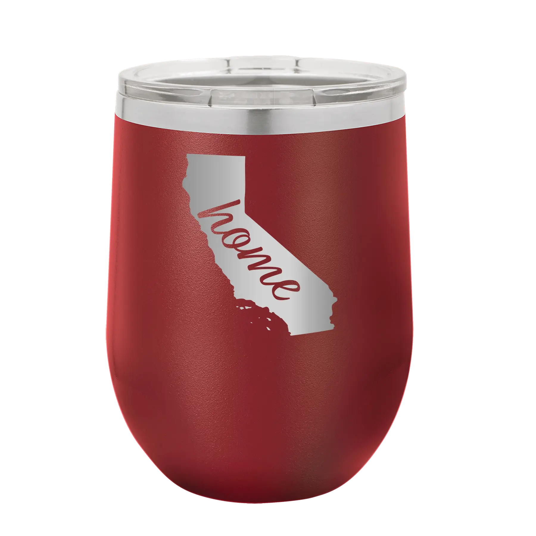 Laser etched maroon 12 oz vacuum insulated wine cup with 'California Home' design