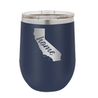 Laser etched navy 12 oz vacuum insulated wine cup with 'California Home' design