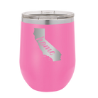Laser etched pink 12 oz vacuum insulated wine cup with 'California Home' design