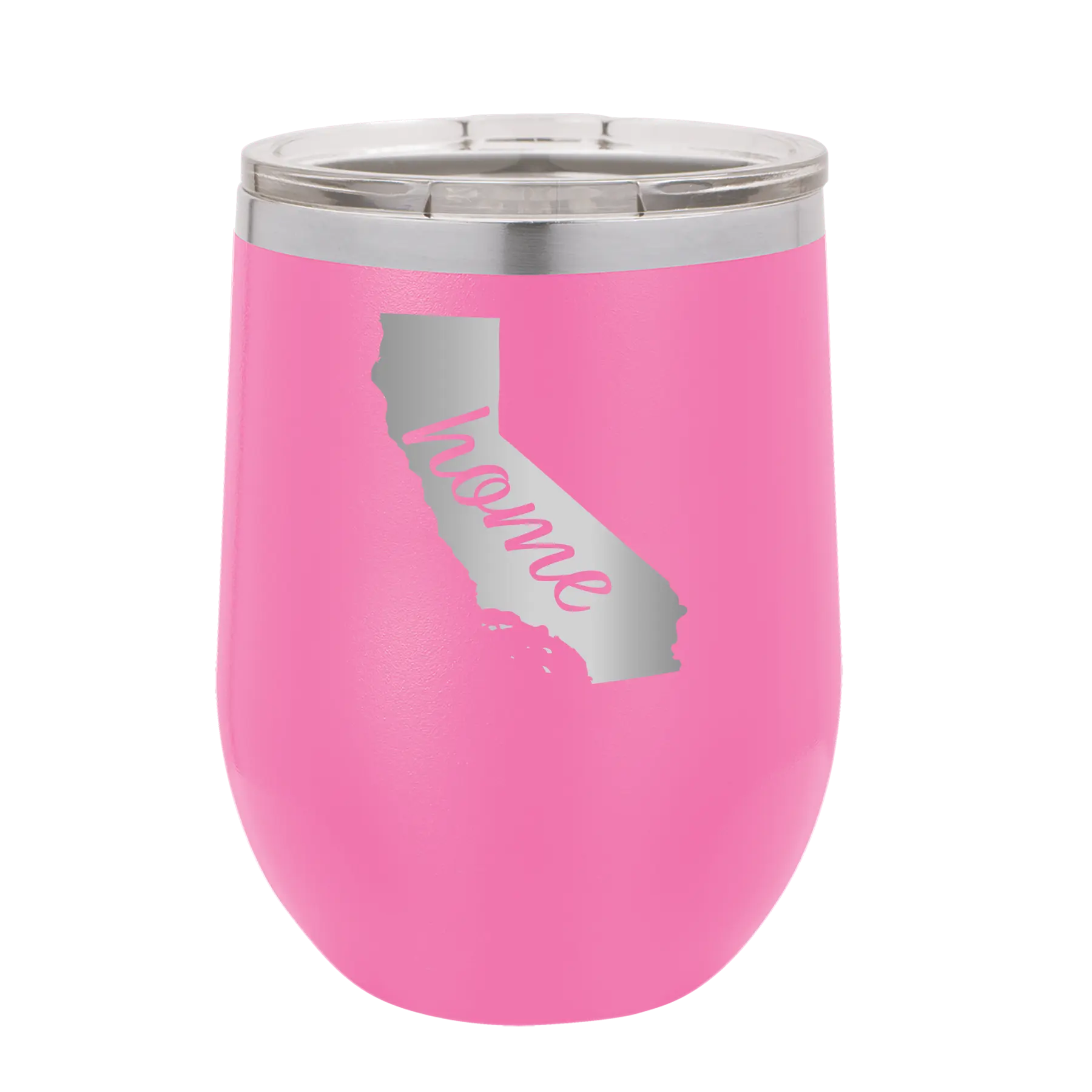 Laser etched pink 12 oz vacuum insulated wine cup with 'California Home' design