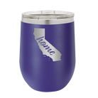 Laser etched purple 12 oz vacuum insulated wine cup with 'California Home' design