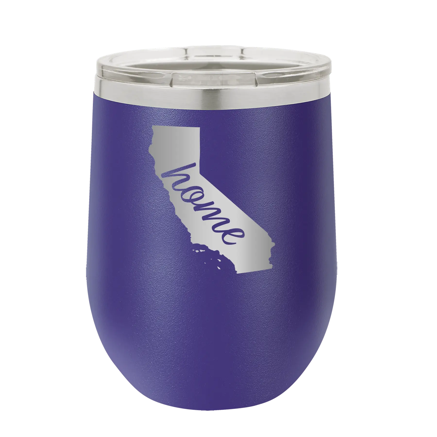 Laser etched purple 12 oz vacuum insulated wine cup with 'California Home' design