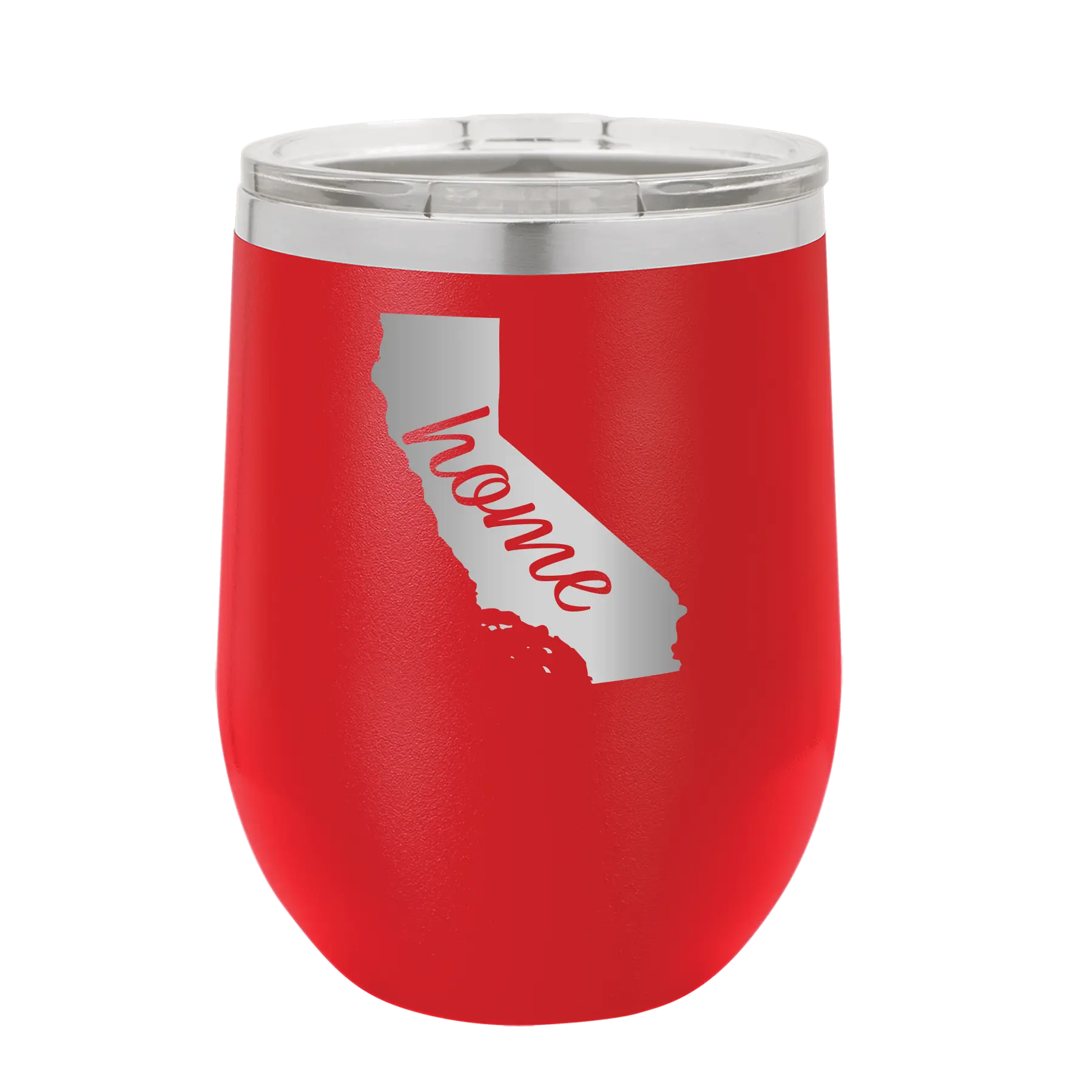 Laser etched red 12 oz vacuum insulated wine cup with 'California Home' design