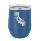 Laser etched royal blue 12 oz vacuum insulated wine cup with 'California Home' design