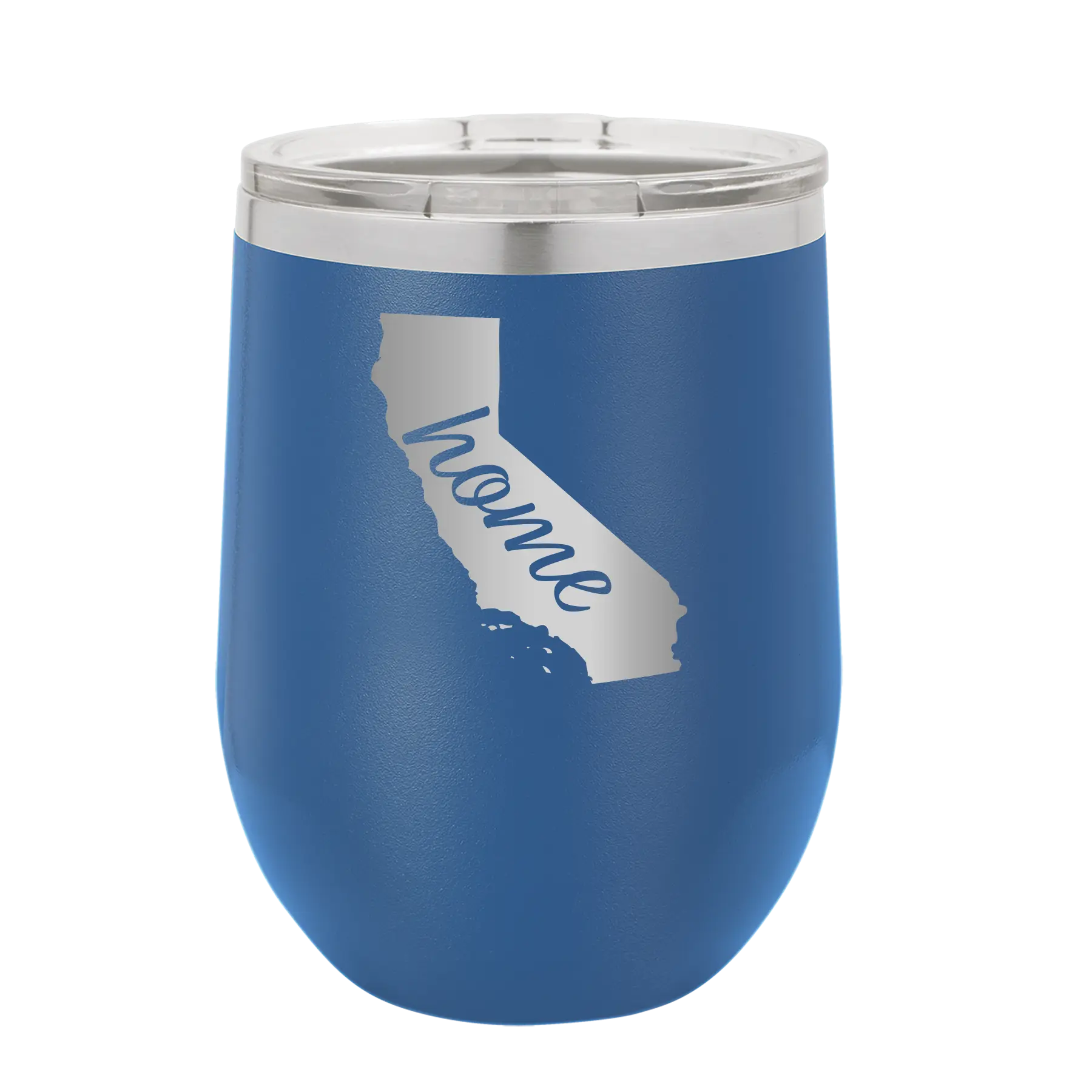 Laser etched royal blue 12 oz vacuum insulated wine cup with 'California Home' design