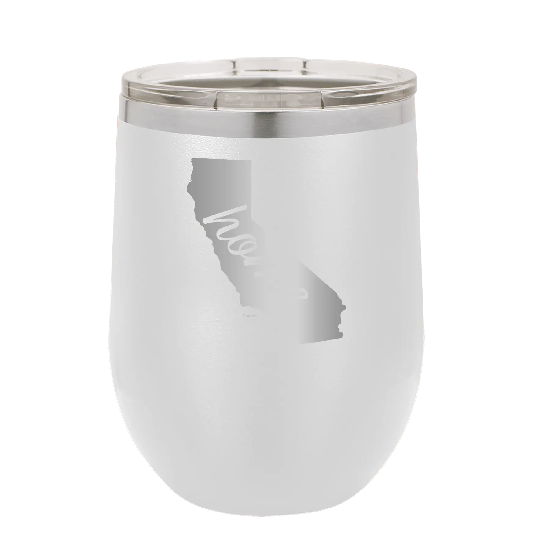 Laser etched white 12 oz vacuum insulated wine cup with 'California Home' design