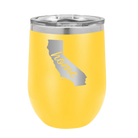 Laser etched yellow 12 oz vacuum insulated wine cup with 'California Home' design