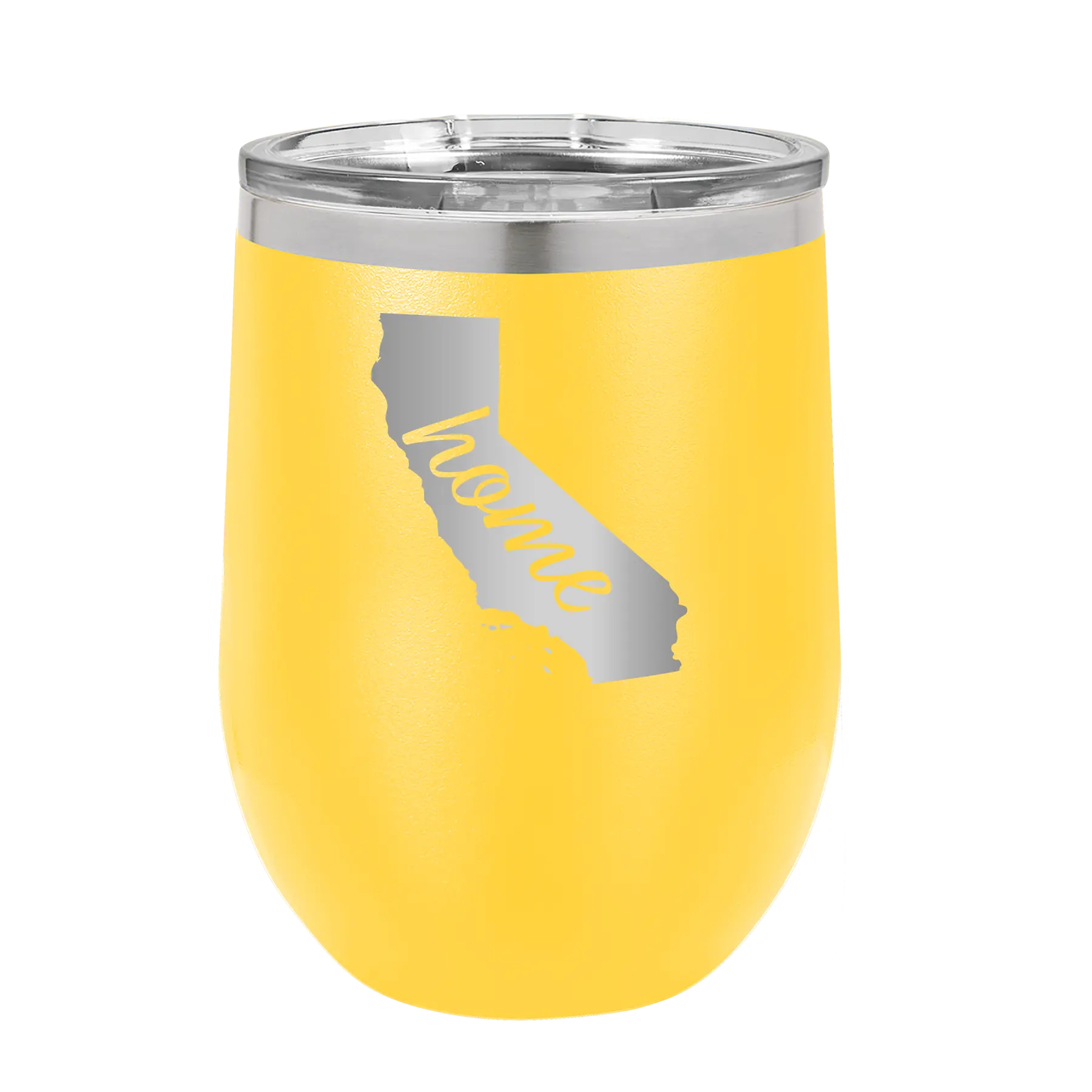 Laser etched yellow 12 oz vacuum insulated wine cup with 'California Home' design