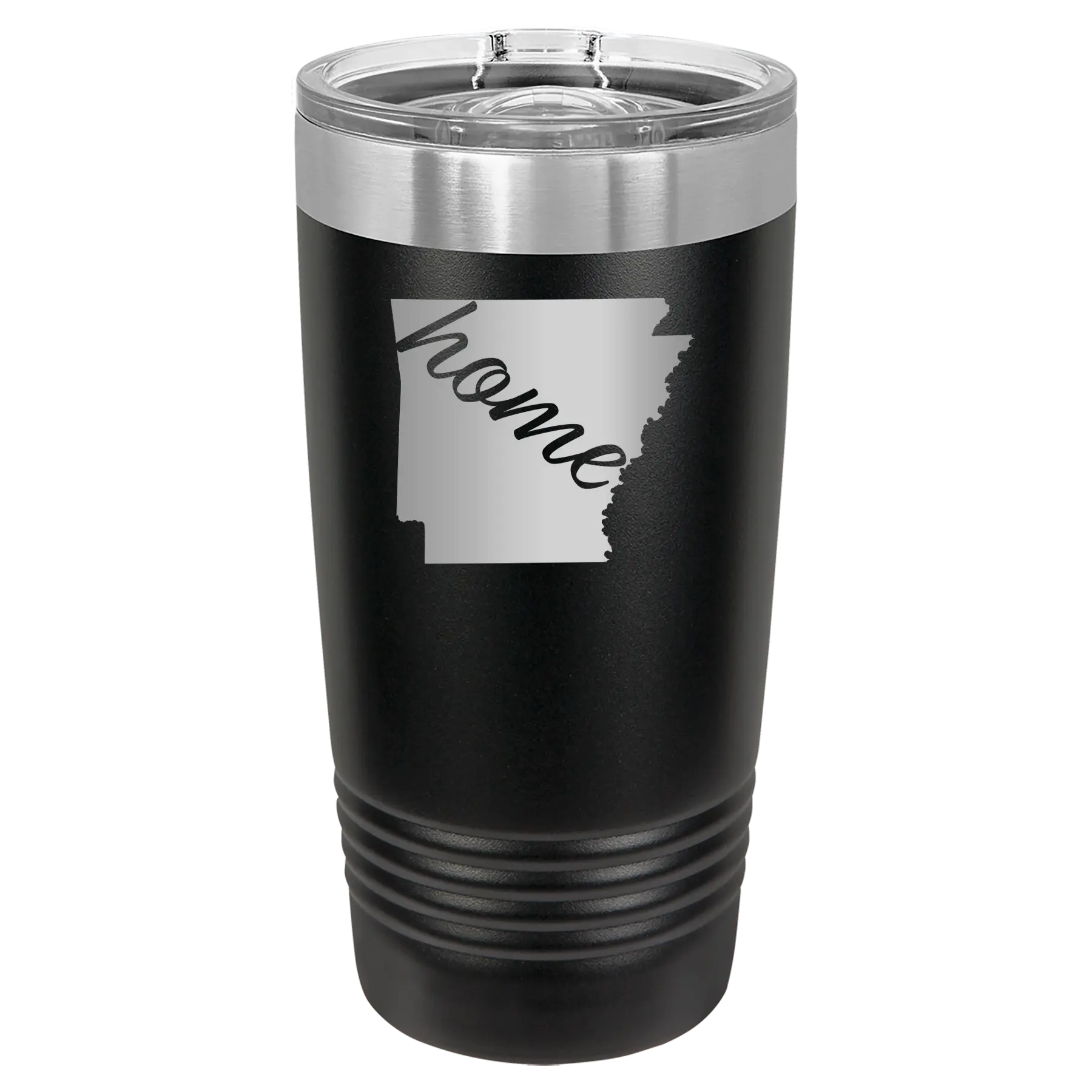 Laser etched black 20 oz vacuum insulated tumbler with 'Arkansas Home' design