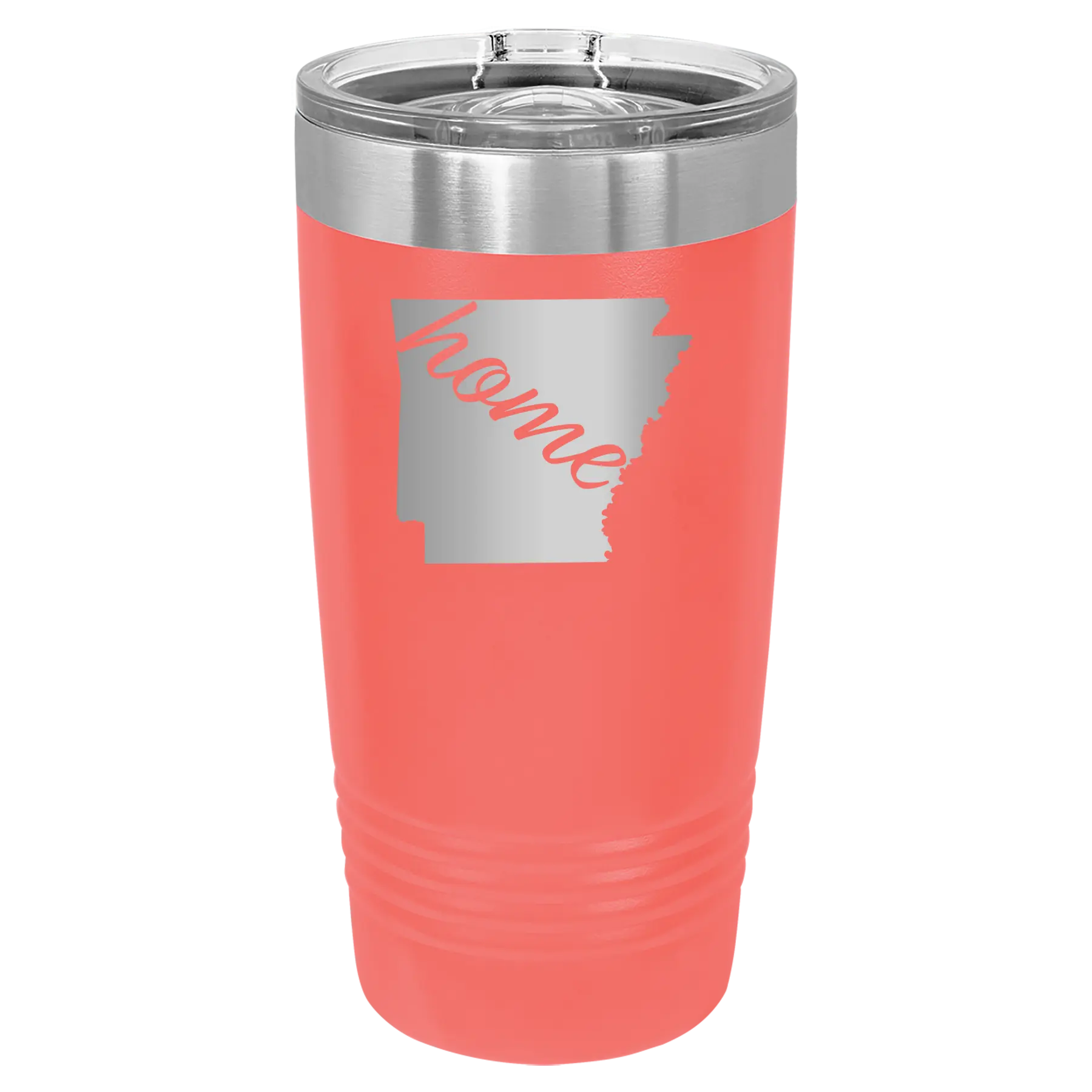 Laser etched coral 20 oz vacuum insulated tumbler with 'Arkansas Home' design