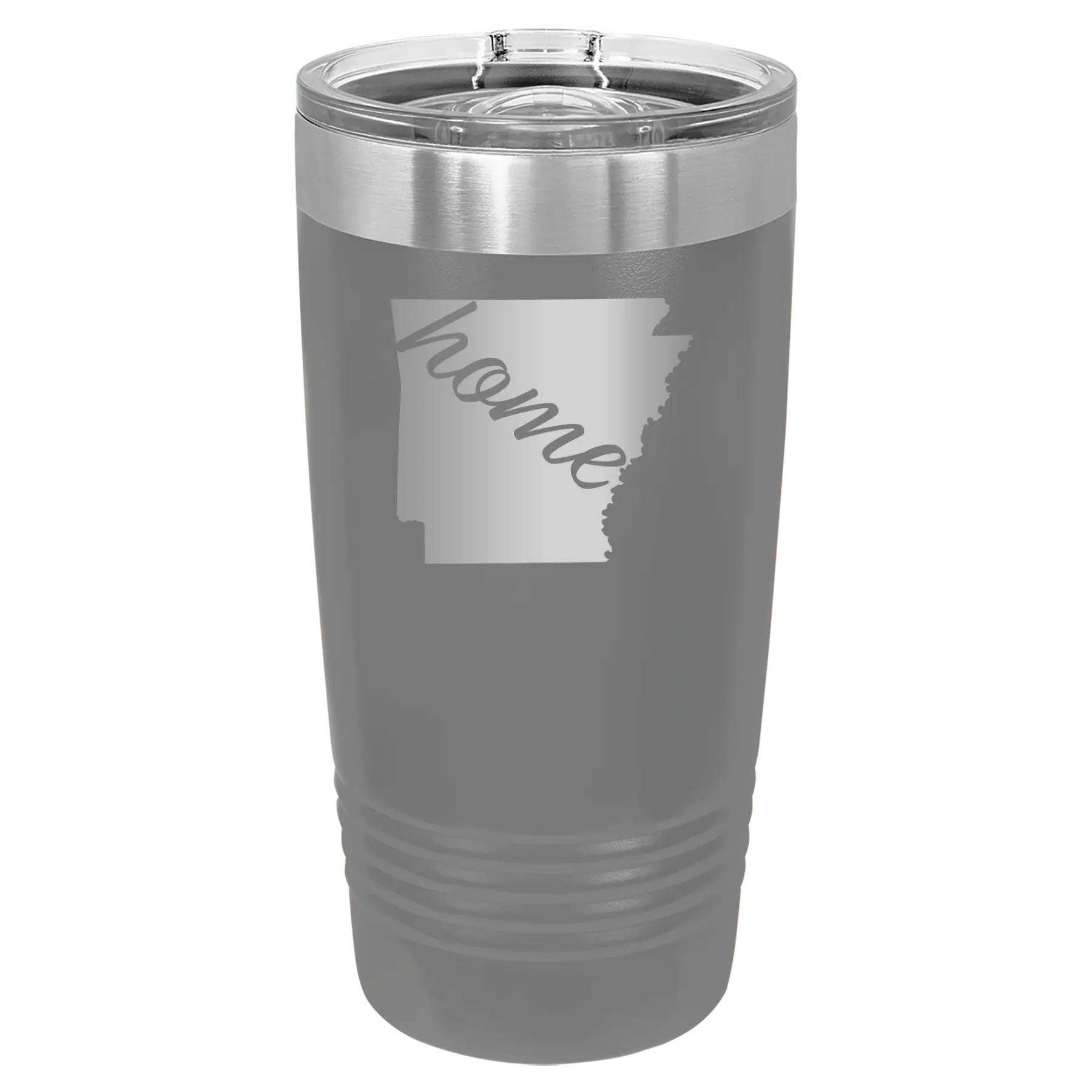 Laser etched dark gray 20 oz vacuum insulated tumbler with 'Arkansas Home' design