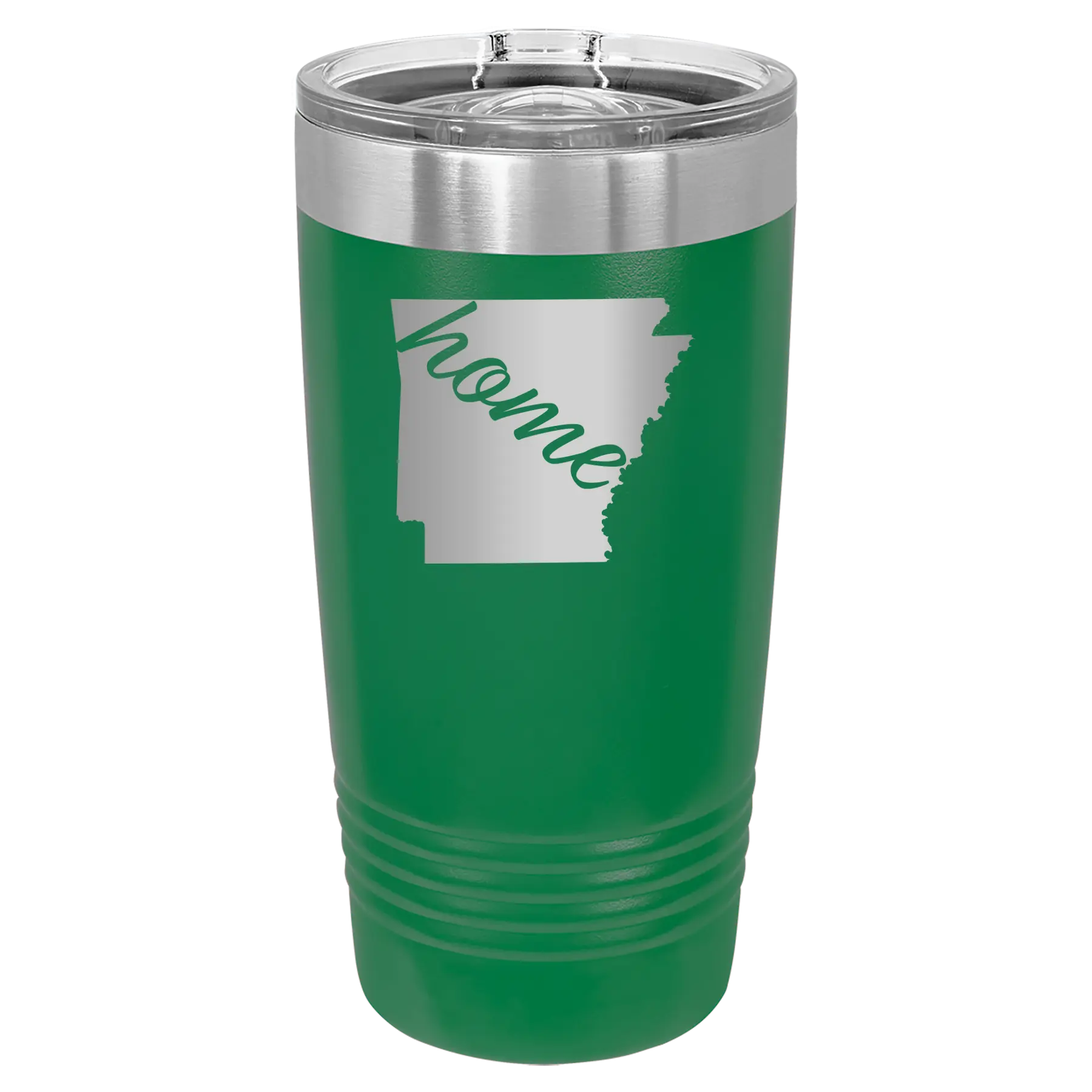 Laser etched green 20 oz vacuum insulated tumbler with 'Arkansas Home' design