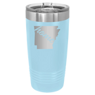 Laser etched light blue 20 oz vacuum insulated tumbler with 'Arkansas Home' design