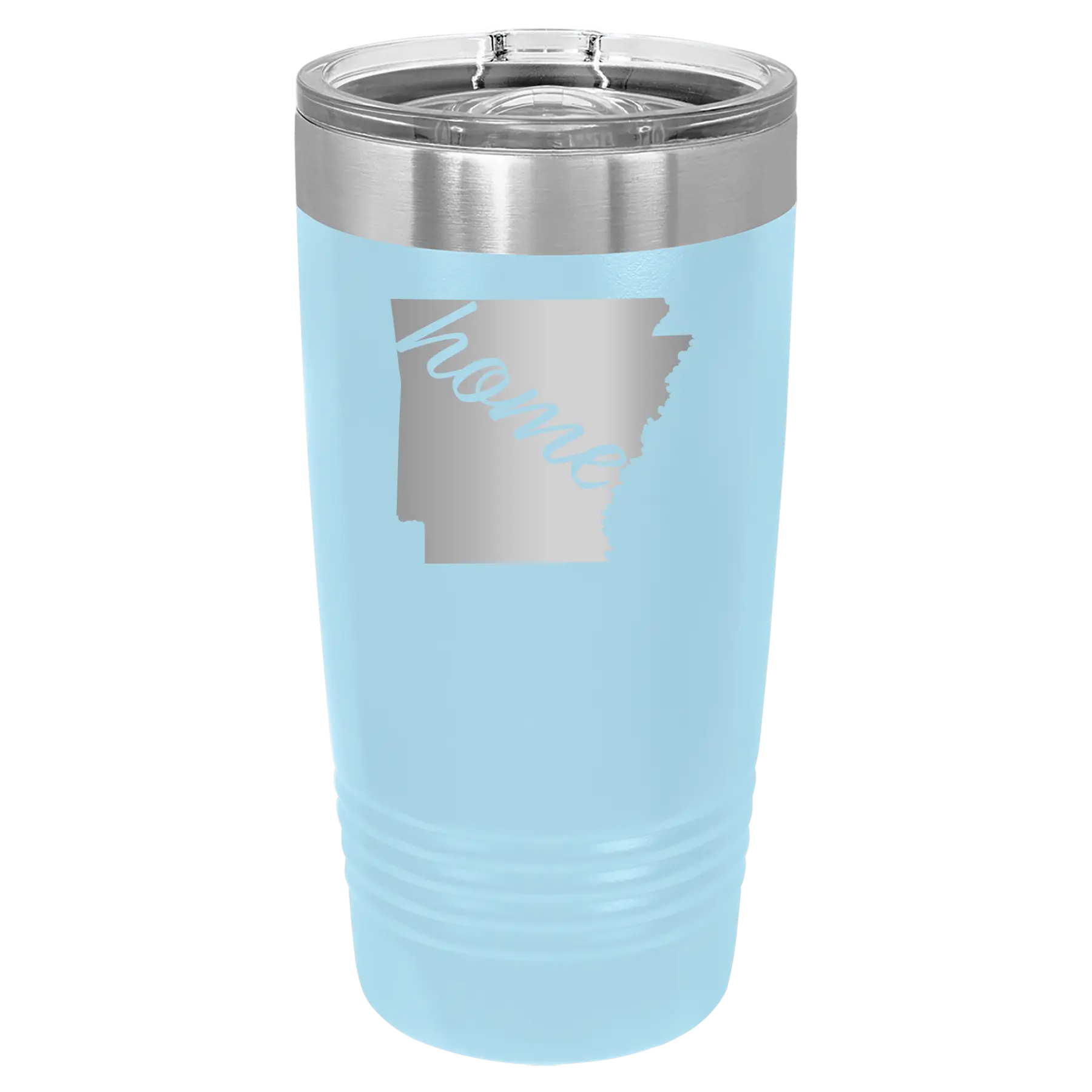 Laser etched light blue 20 oz vacuum insulated tumbler with 'Arkansas Home' design