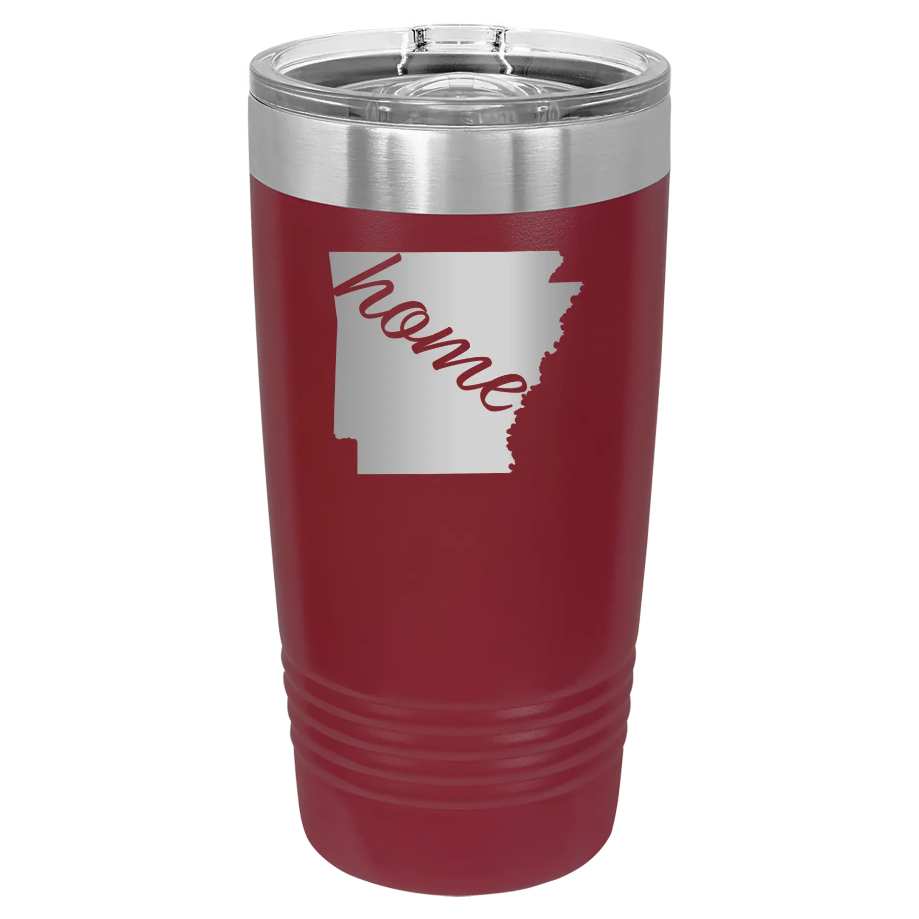 Laser etched maroon 20 oz vacuum insulated tumbler with 'Arkansas Home' design