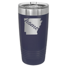 Laser etched navy 20 oz vacuum insulated tumbler with 'Arkansas Home' design